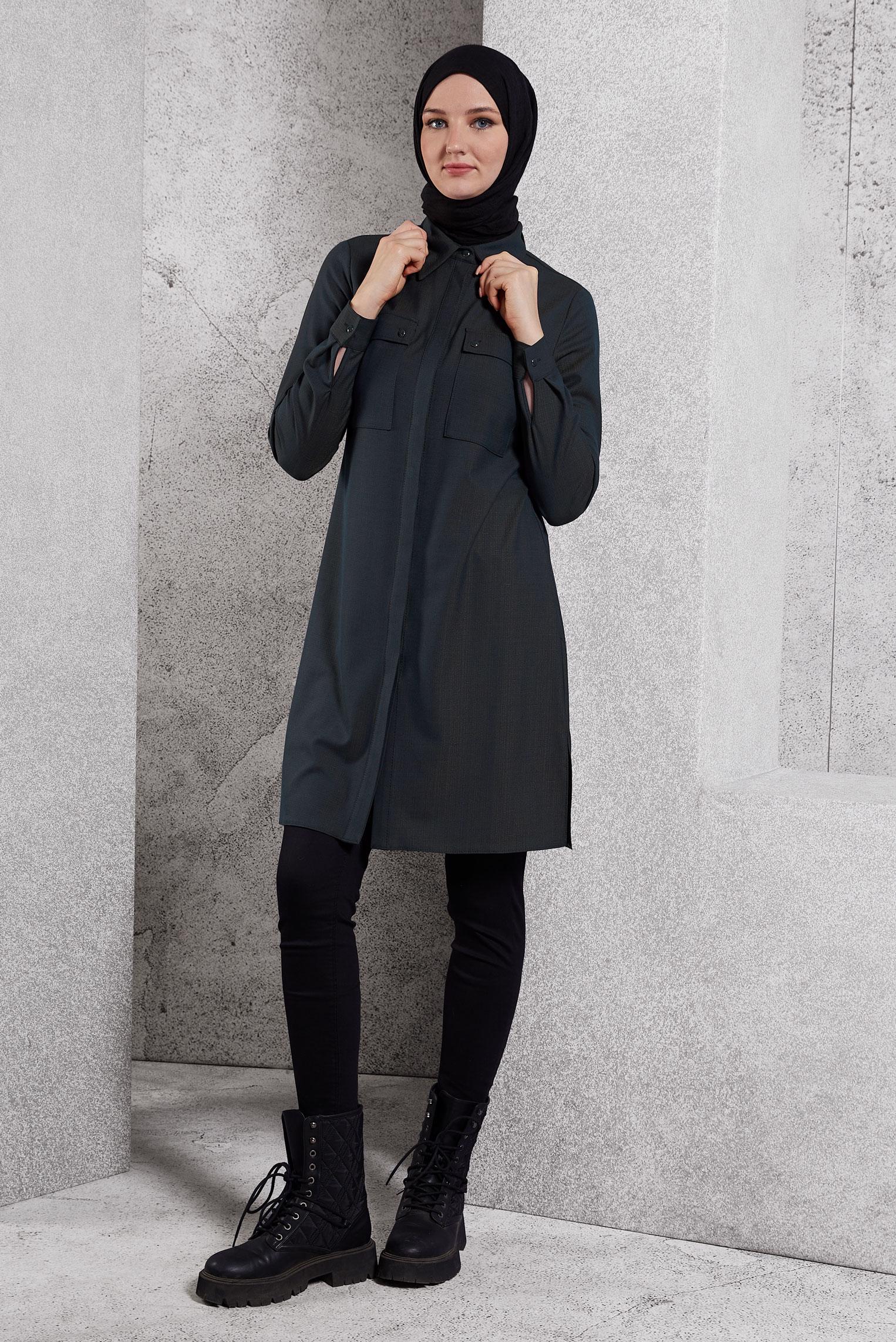 Tesettür giyim MAVİ GÖMLEK YAKA TESETTÜR TUNİK 45115