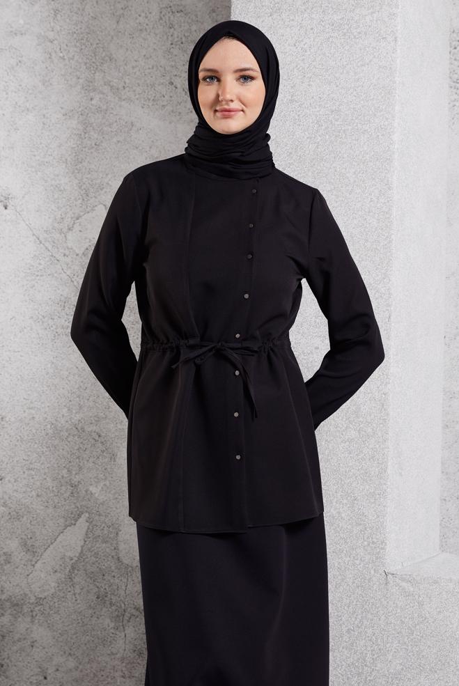 Tesettür giyim SİYAH BAĞCIK DETAYLI TUNİK 45147 - ALVİNA