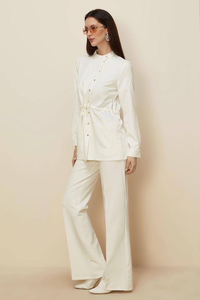 Vêtements hijab BLANC TUNIQUE À LA TAILLE NOUÉE 45147 - ALVİNA