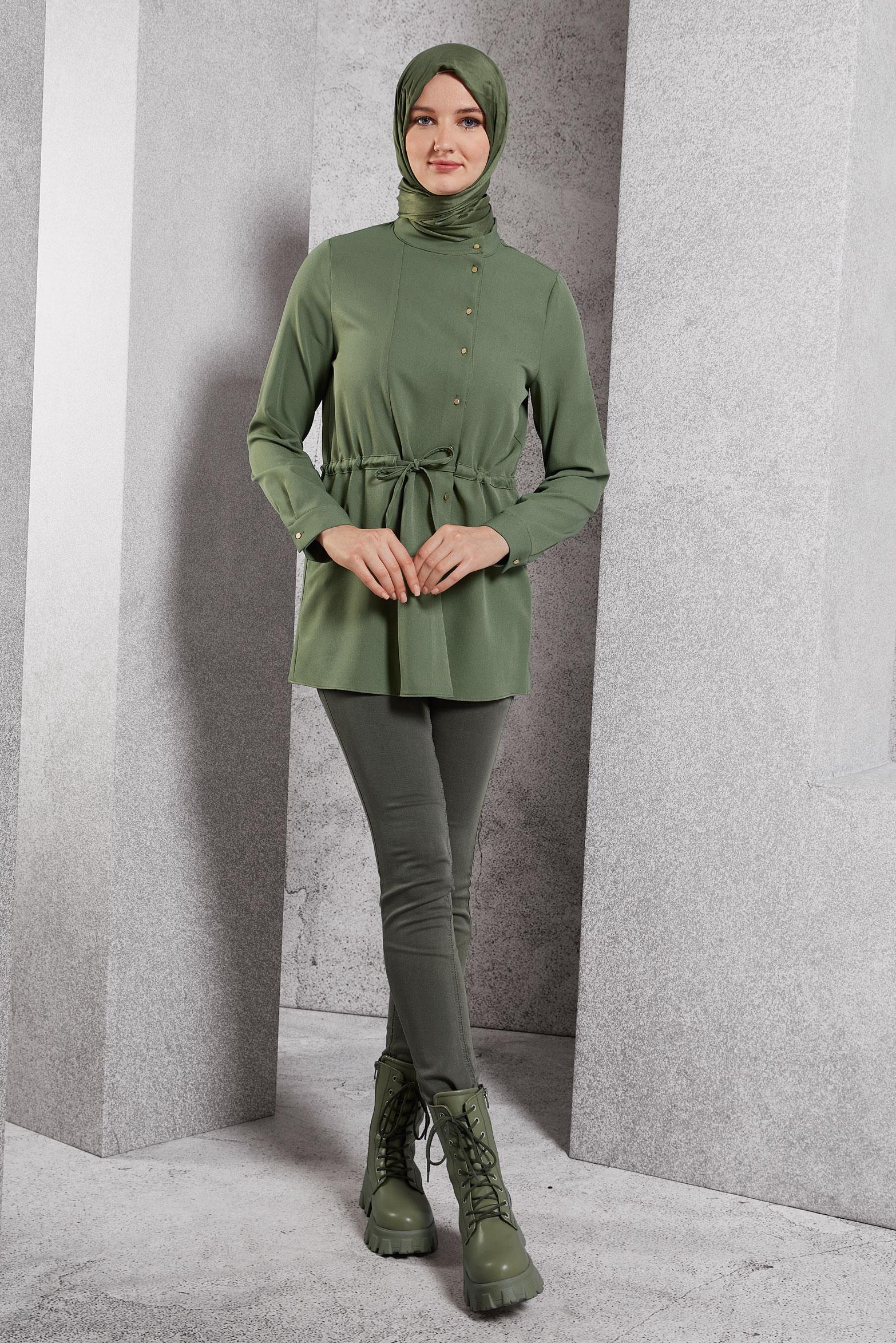 Tesettür giyim YEŞİL BAĞCIK DETAYLI TUNİK 45147
