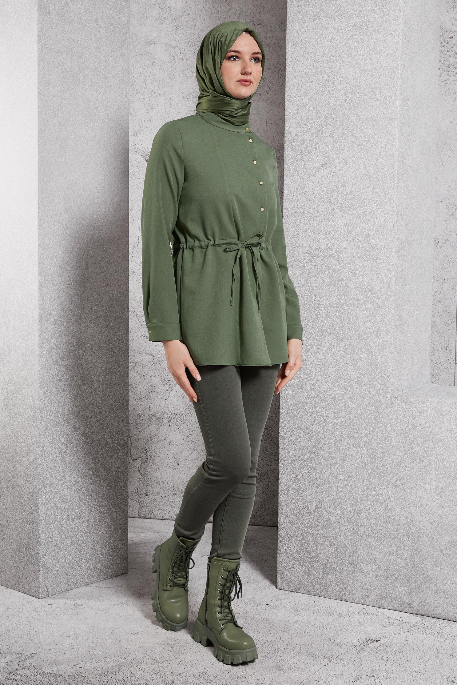 Tesettür giyim YEŞİL BAĞCIK DETAYLI TUNİK 45147