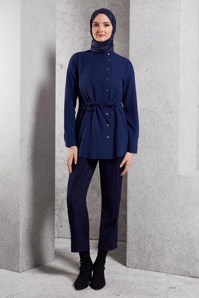 Tesettür giyim LACİVERT BAĞCIK DETAYLI TUNİK 45147 - ALVİNA