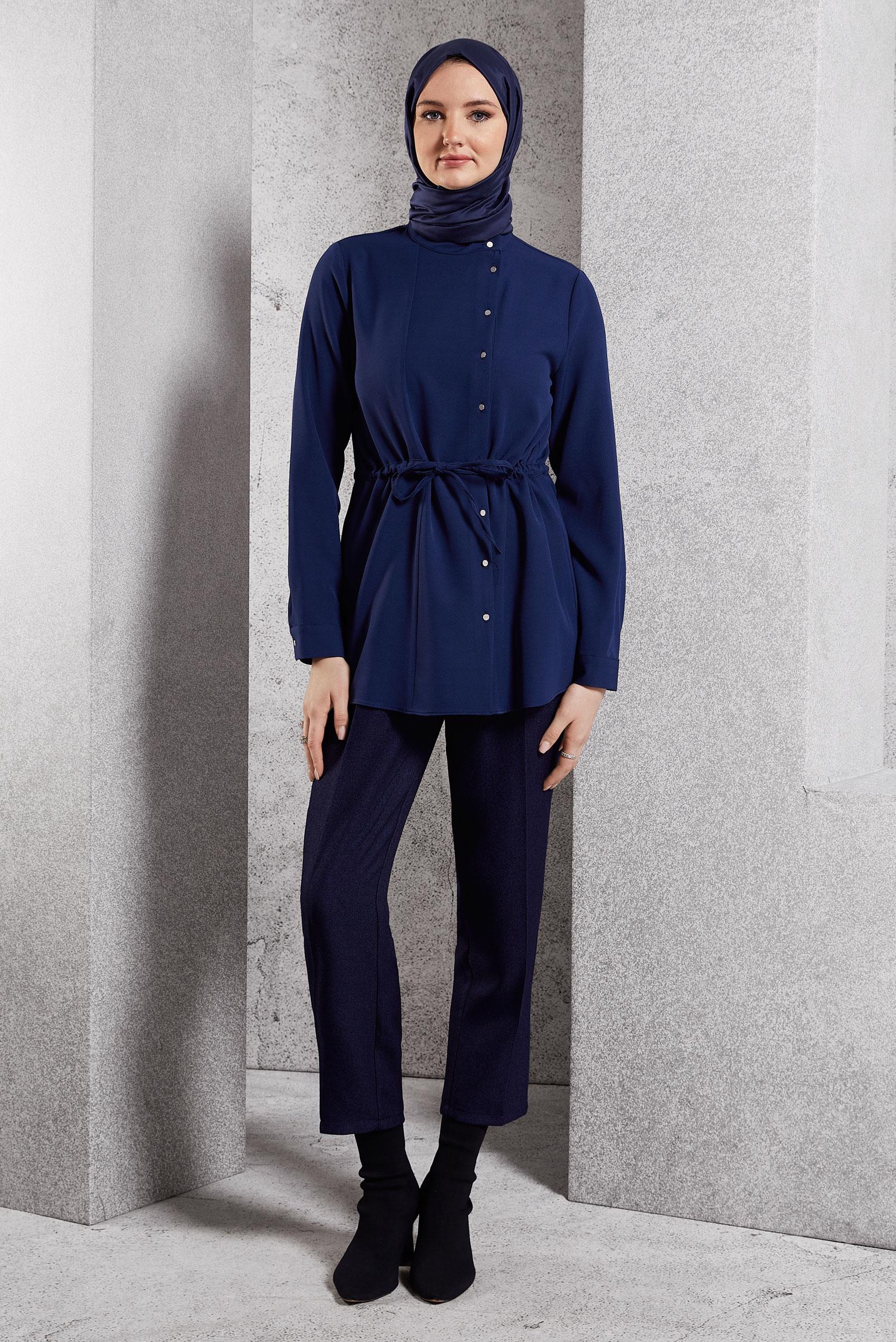 Tesettür giyim LACİVERT BAĞCIK DETAYLI TUNİK 45147