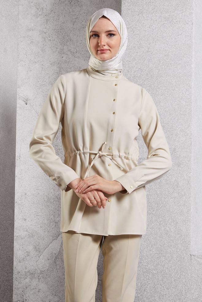 Tesettür giyim EKRU BAĞCIK DETAYLI TUNİK 45147 - ALVİNA