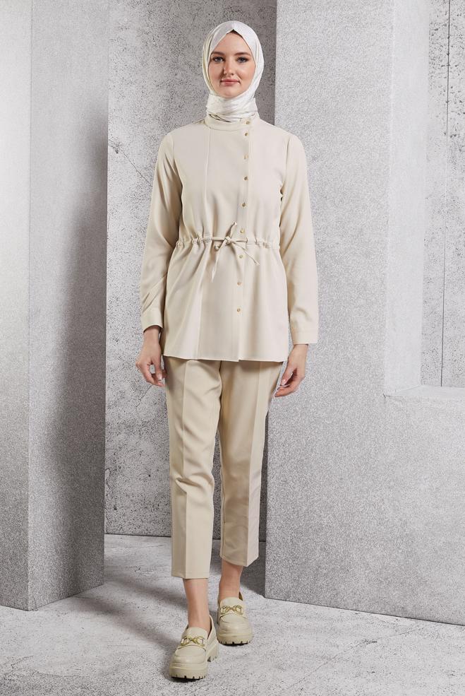 Tesettür giyim EKRU BAĞCIK DETAYLI TUNİK 45147 - ALVİNA