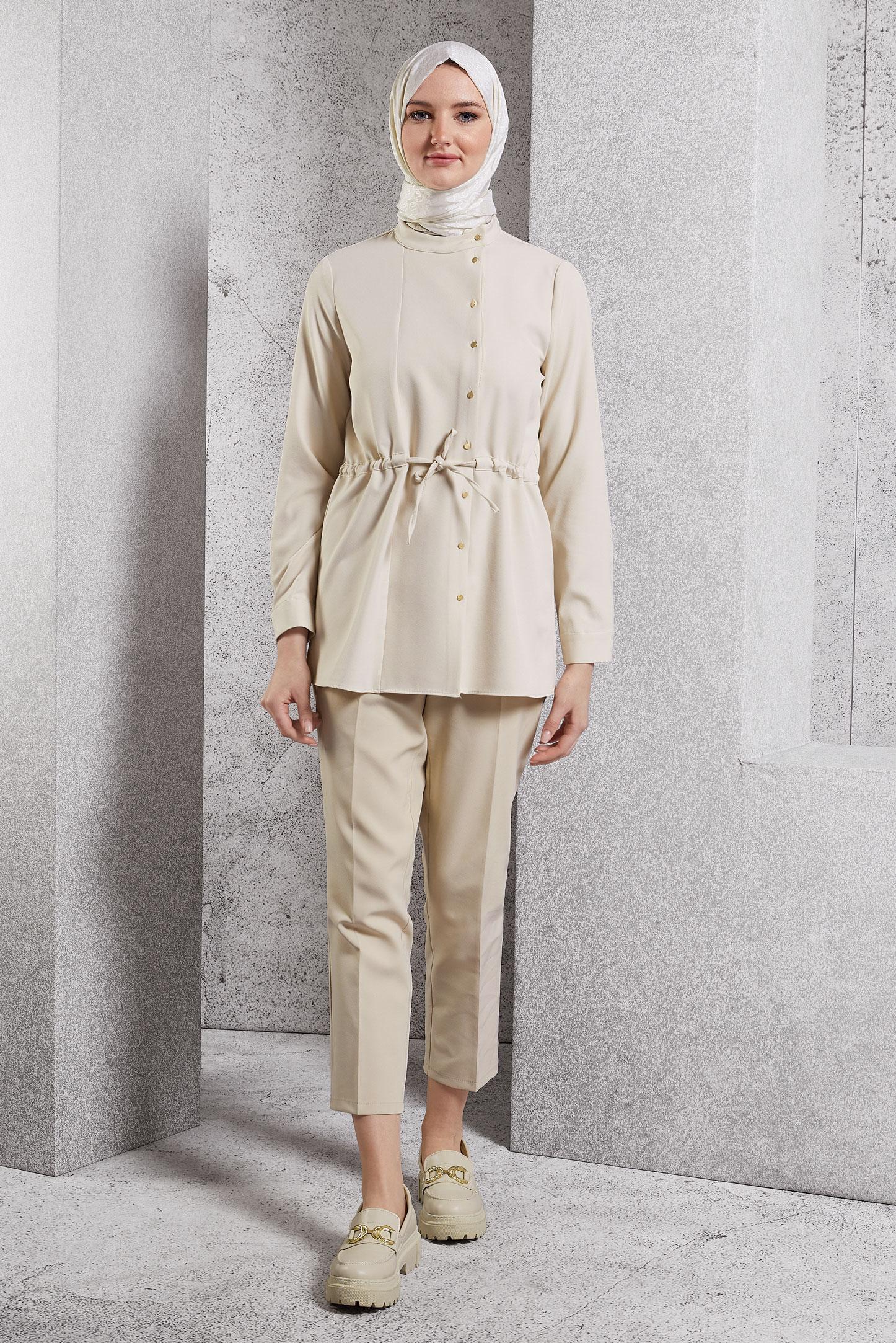 Tesettür giyim EKRU BAĞCIK DETAYLI TUNİK 45147