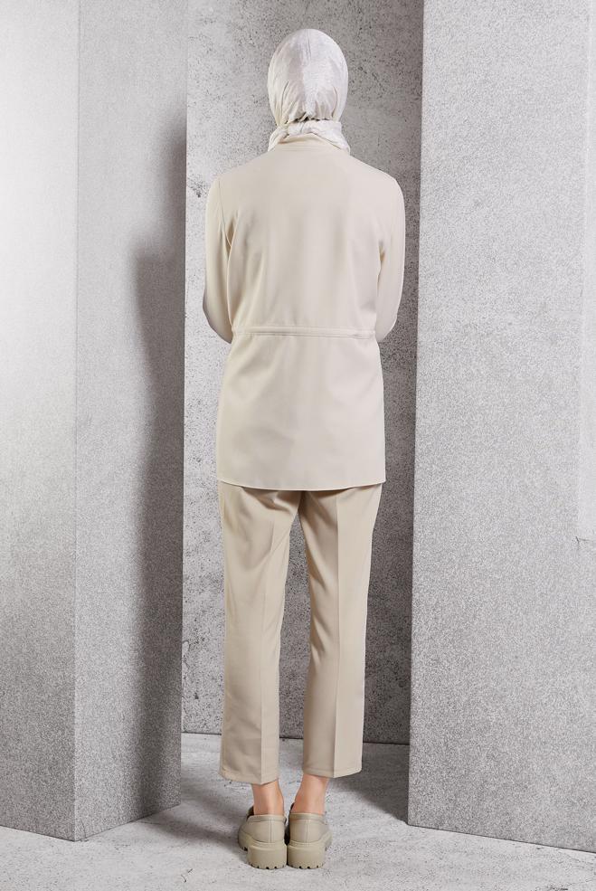 Tesettür giyim EKRU BAĞCIK DETAYLI TUNİK 45147 - ALVİNA