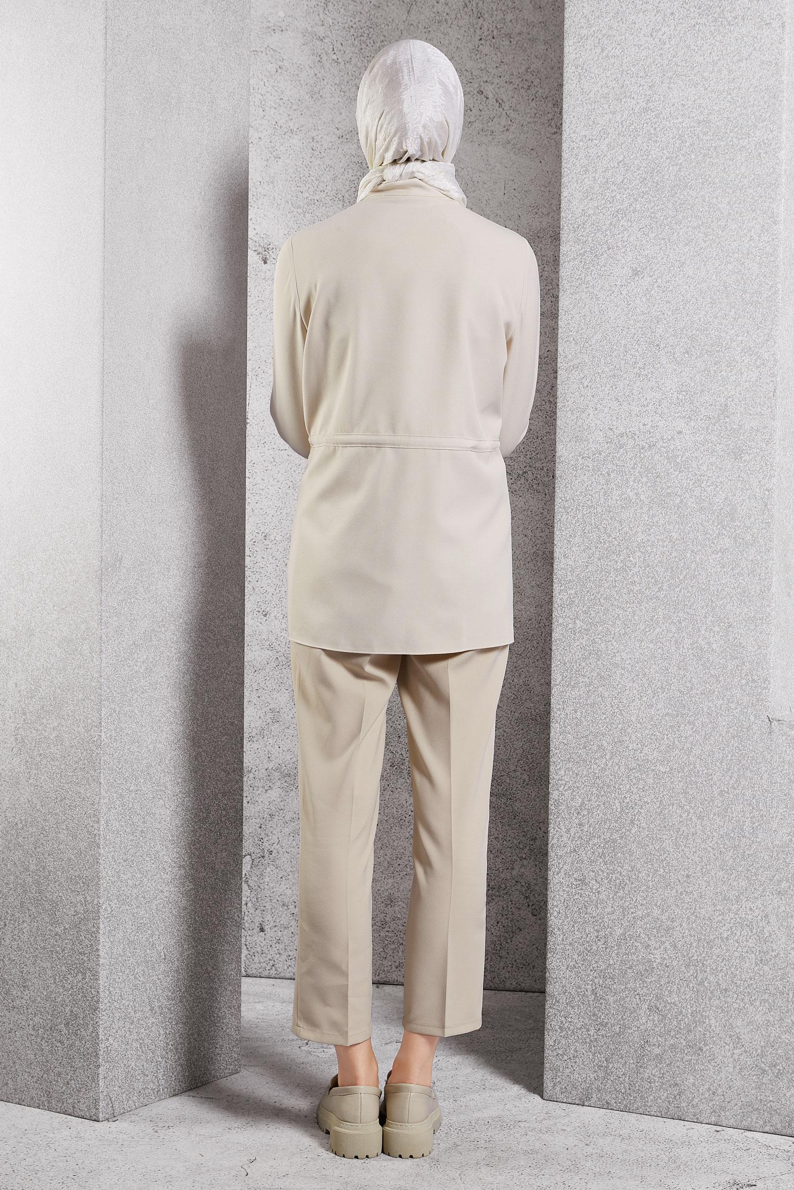 Tesettür giyim EKRU BAĞCIK DETAYLI TUNİK 45147