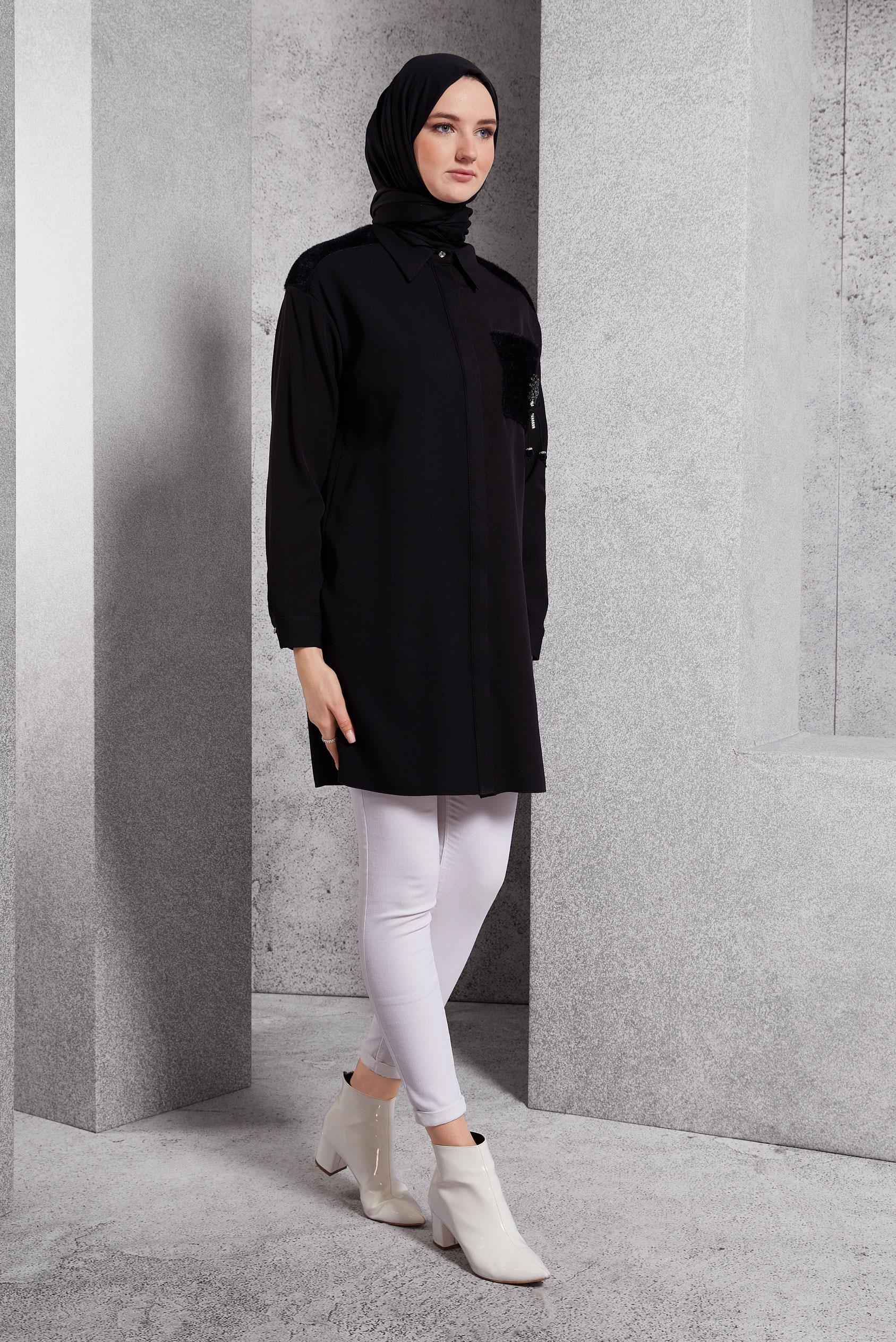 Tesettür giyim SİYAH BROŞ DETAYLI TESETTÜR TUNİK 45148