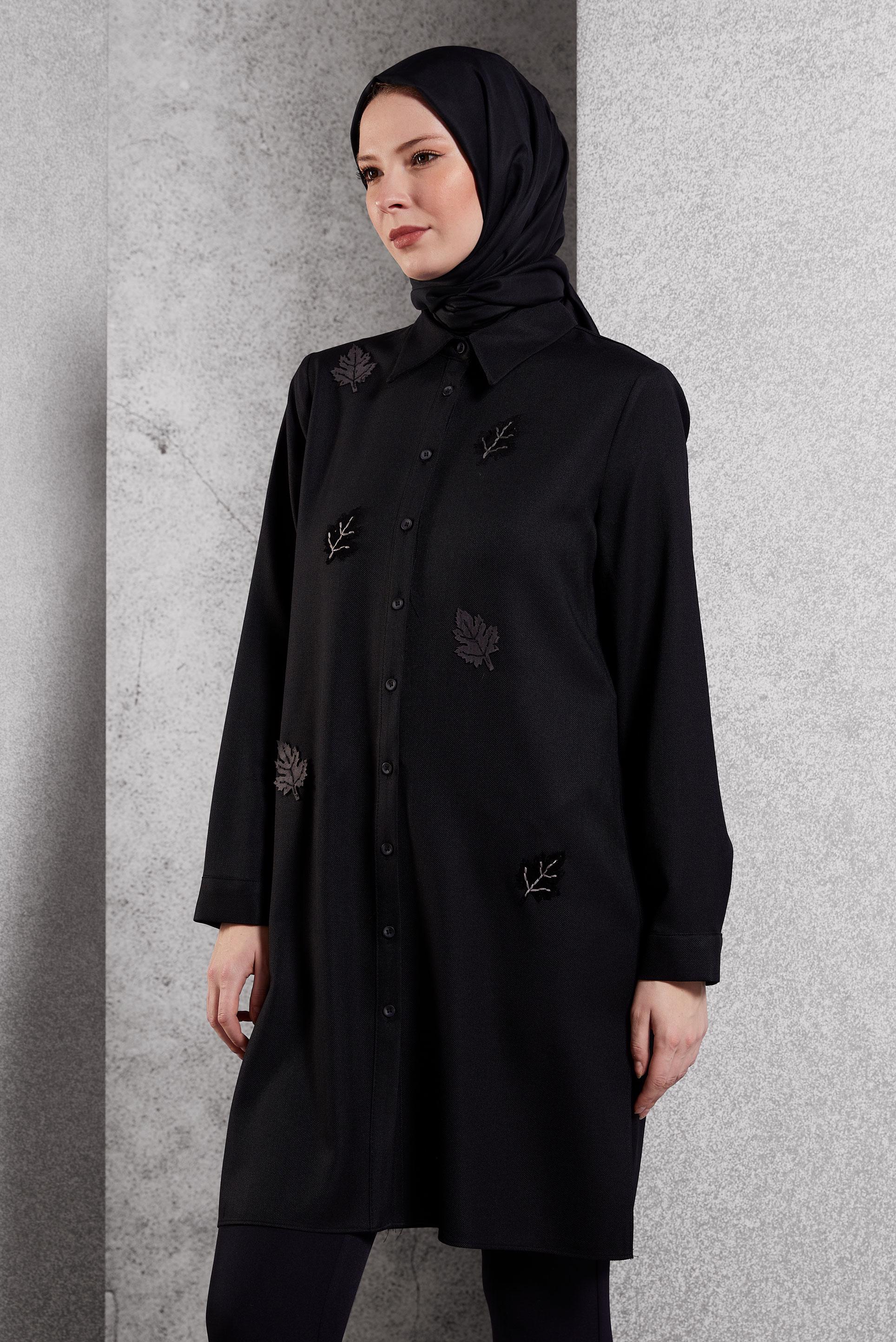 Tesettür giyim SİYAH YAPRAK DESENLİ TUNİK 45149