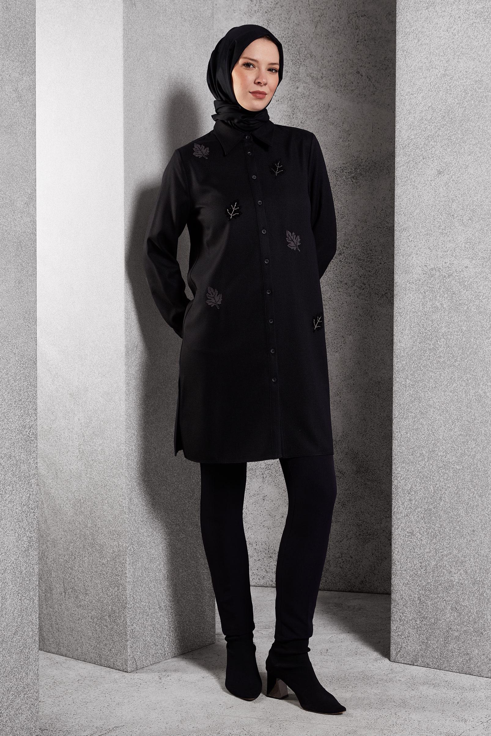 Tesettür giyim SİYAH YAPRAK DESENLİ TUNİK 45149