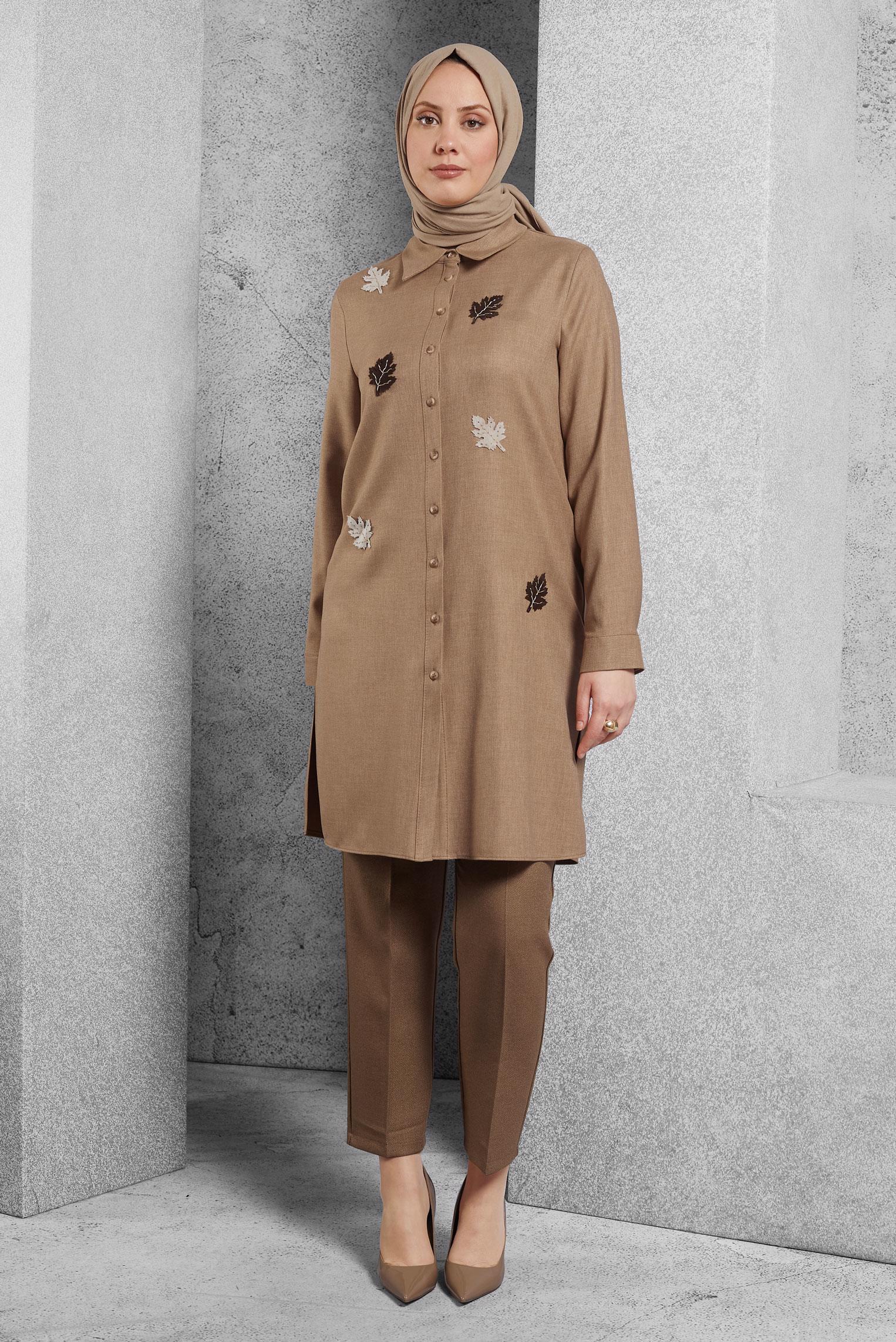 Tesettür giyim KAHVE YAPRAK DESENLİ TUNİK 45149