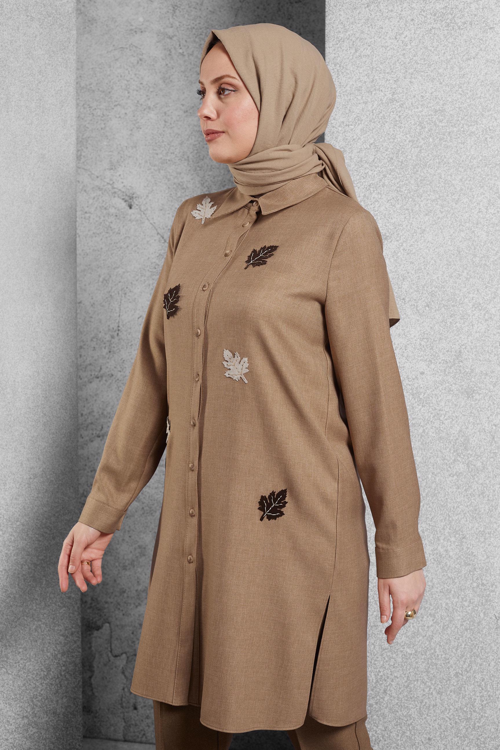 Tesettür giyim KAHVE YAPRAK DESENLİ TUNİK 45149