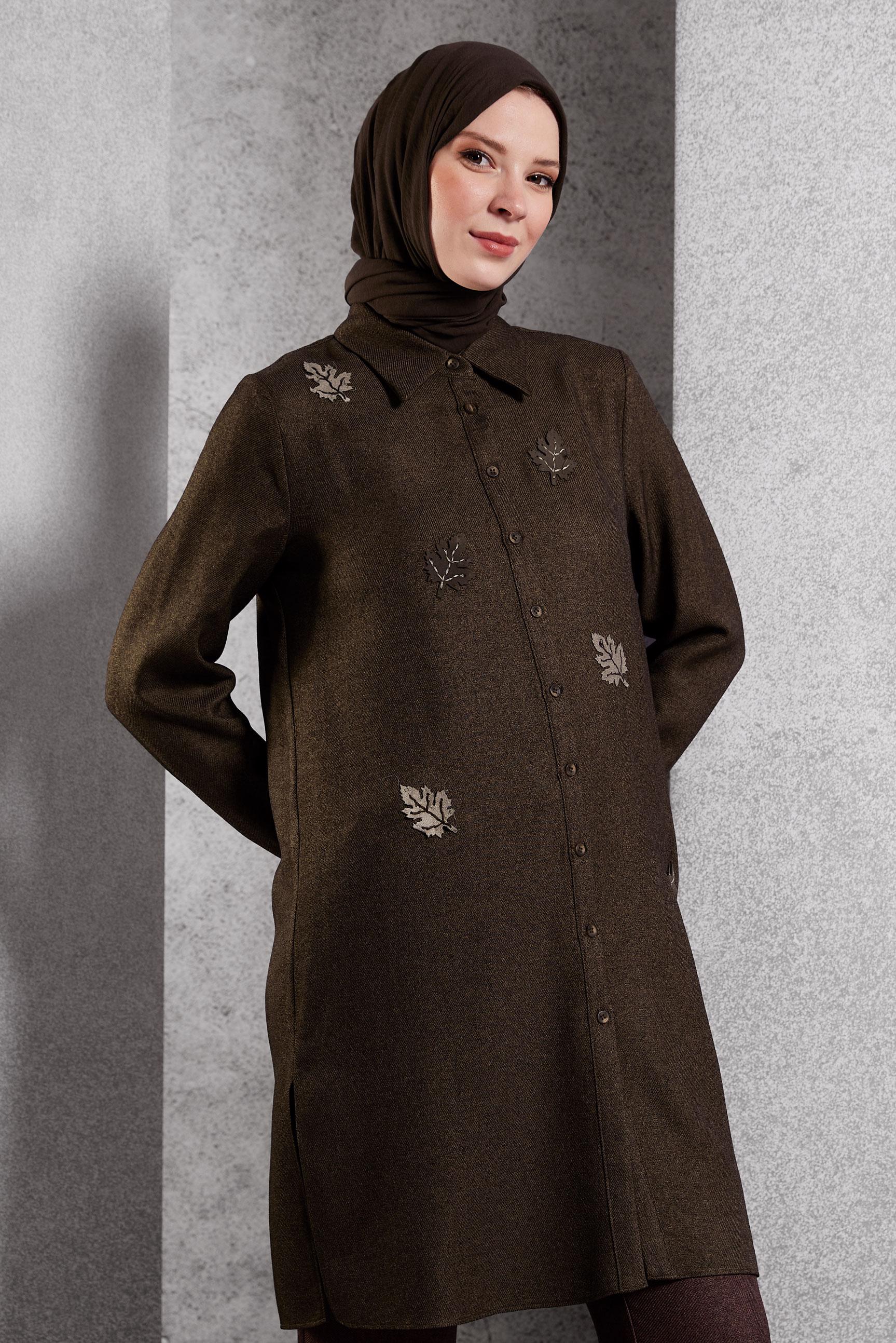 Vêtements hijab BRUN TUNIQUE À MOTIF FEUILLES 45149