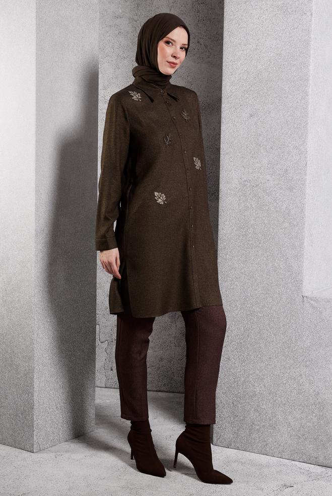 Vêtements hijab BRUN TUNIQUE À MOTIF FEUILLES 45149 - ALVİNA