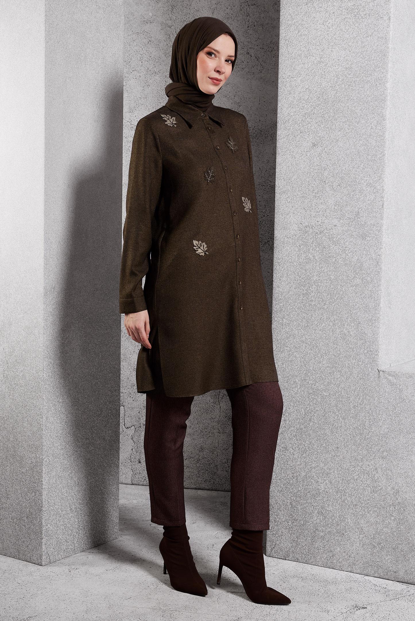 Vêtements hijab BRUN TUNIQUE À MOTIF FEUILLES 45149