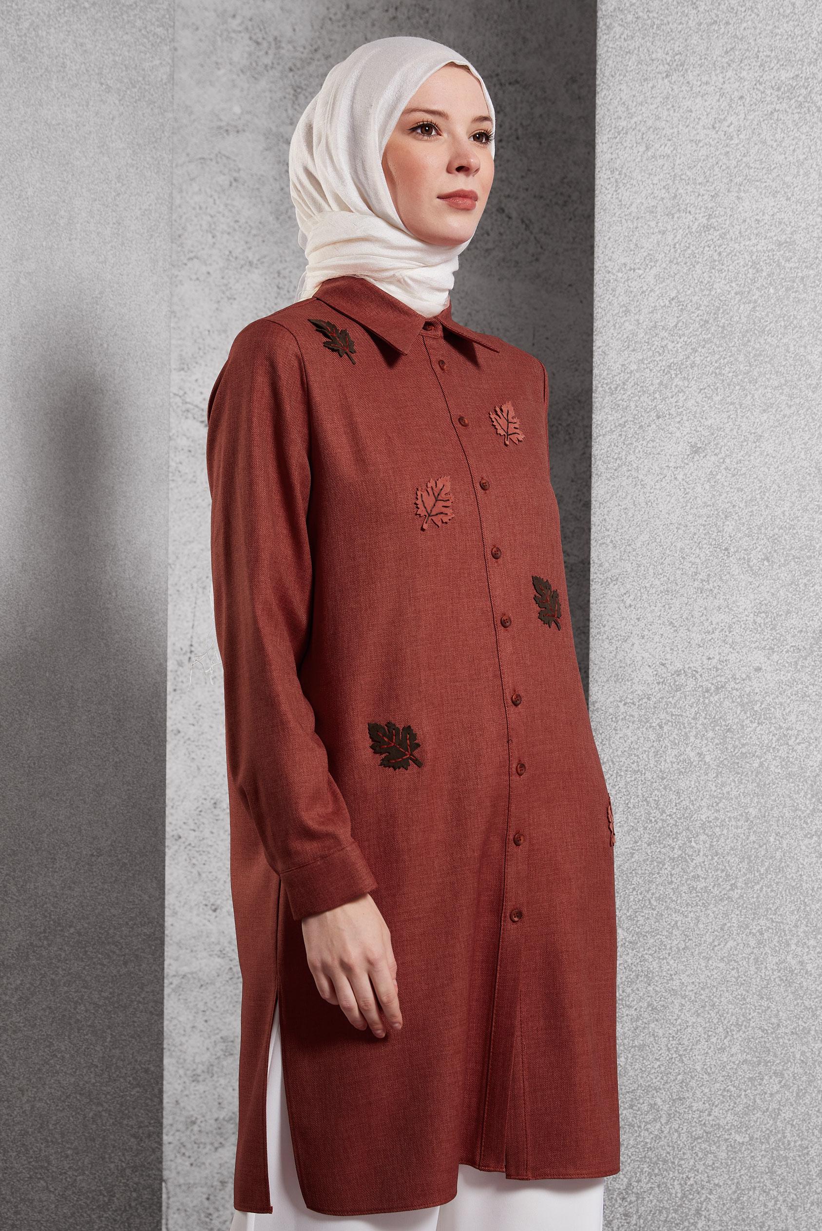 Tesettür giyim TURUNCU YAPRAK DESENLİ TUNİK 45149