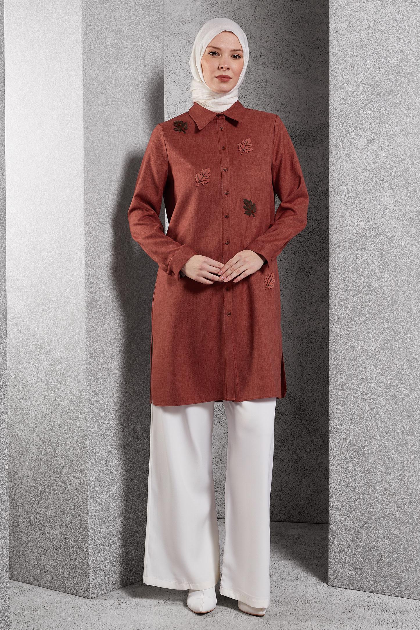 Tesettür giyim TURUNCU YAPRAK DESENLİ TUNİK 45149