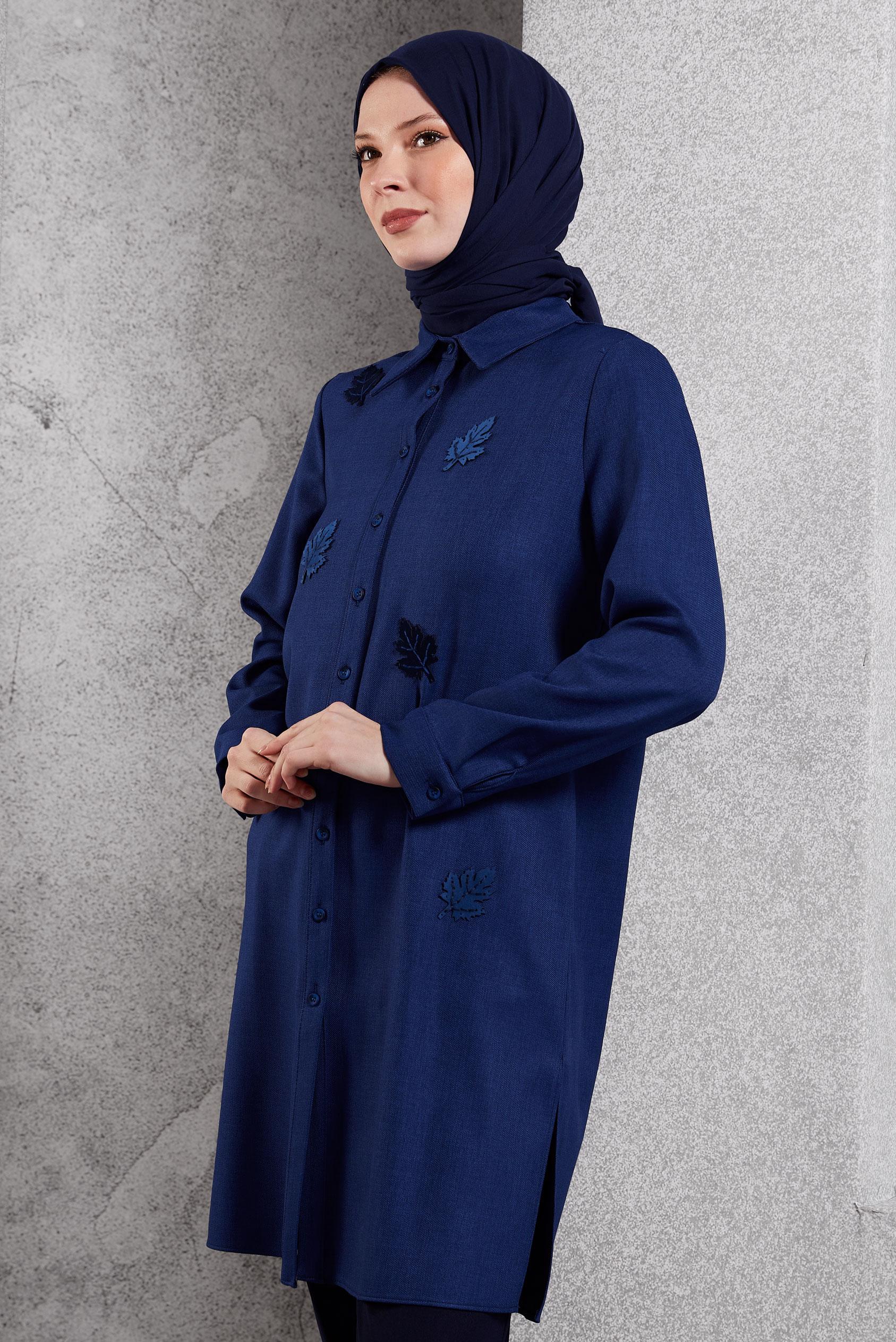 Tesettür giyim LACİVERT YAPRAK DESENLİ TUNİK 45149