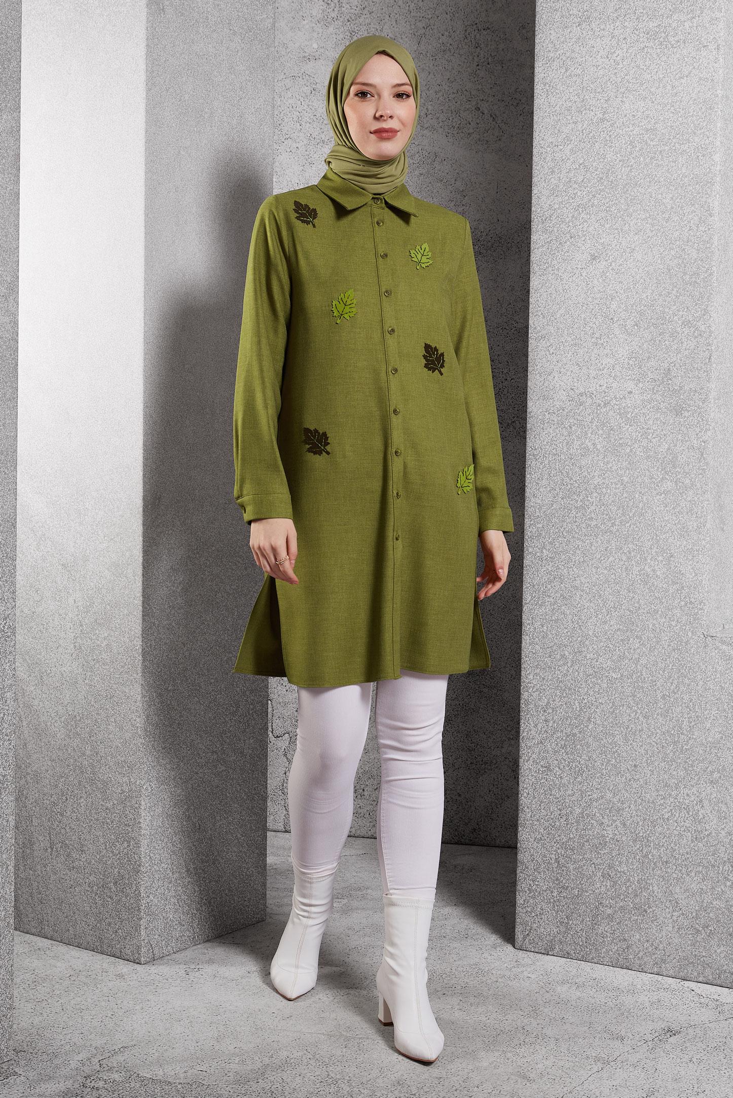 Tesettür giyim YEŞİL YAPRAK DESENLİ TUNİK 45149