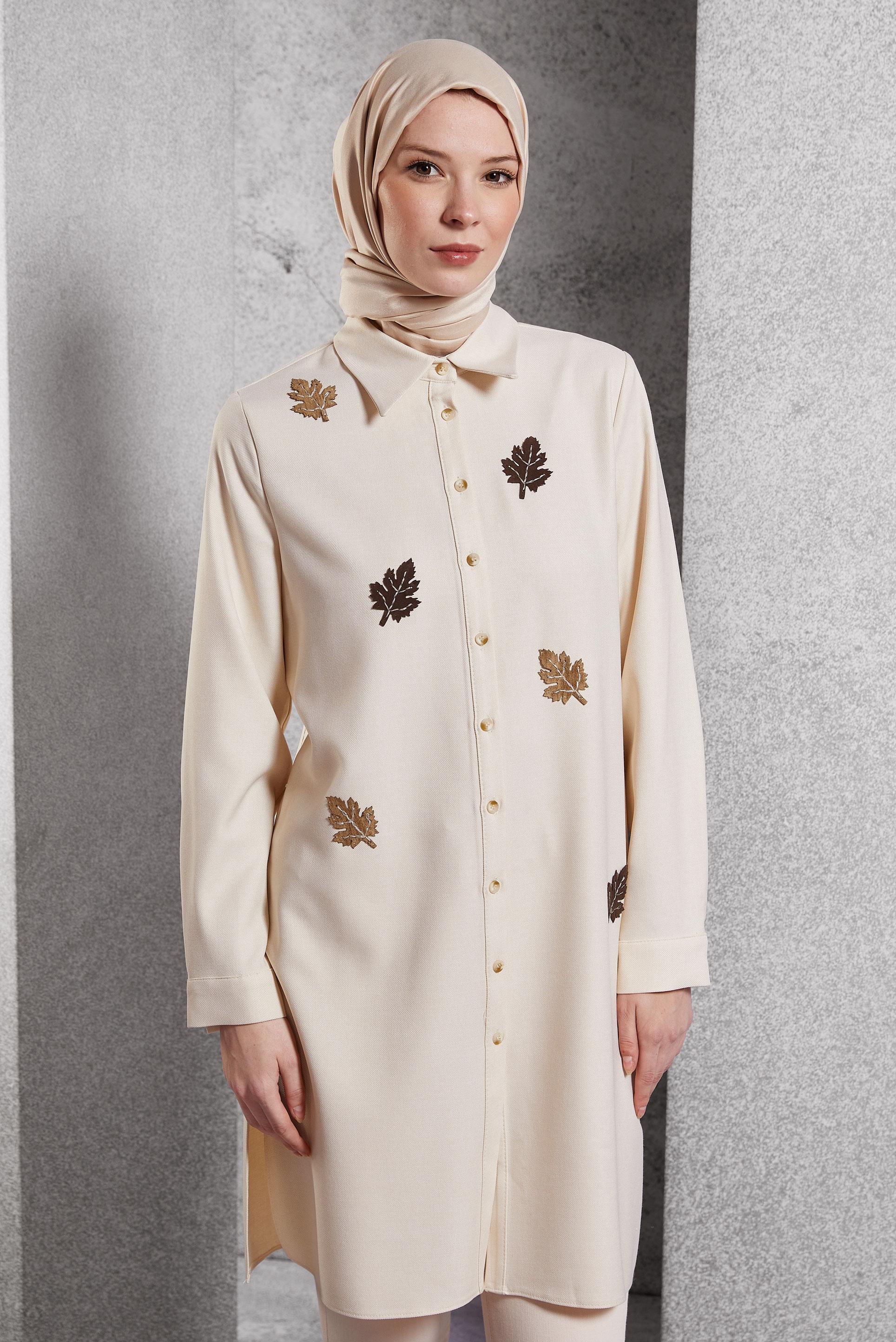 Tesettür giyim EKRU YAPRAK DESENLİ TUNİK 45149