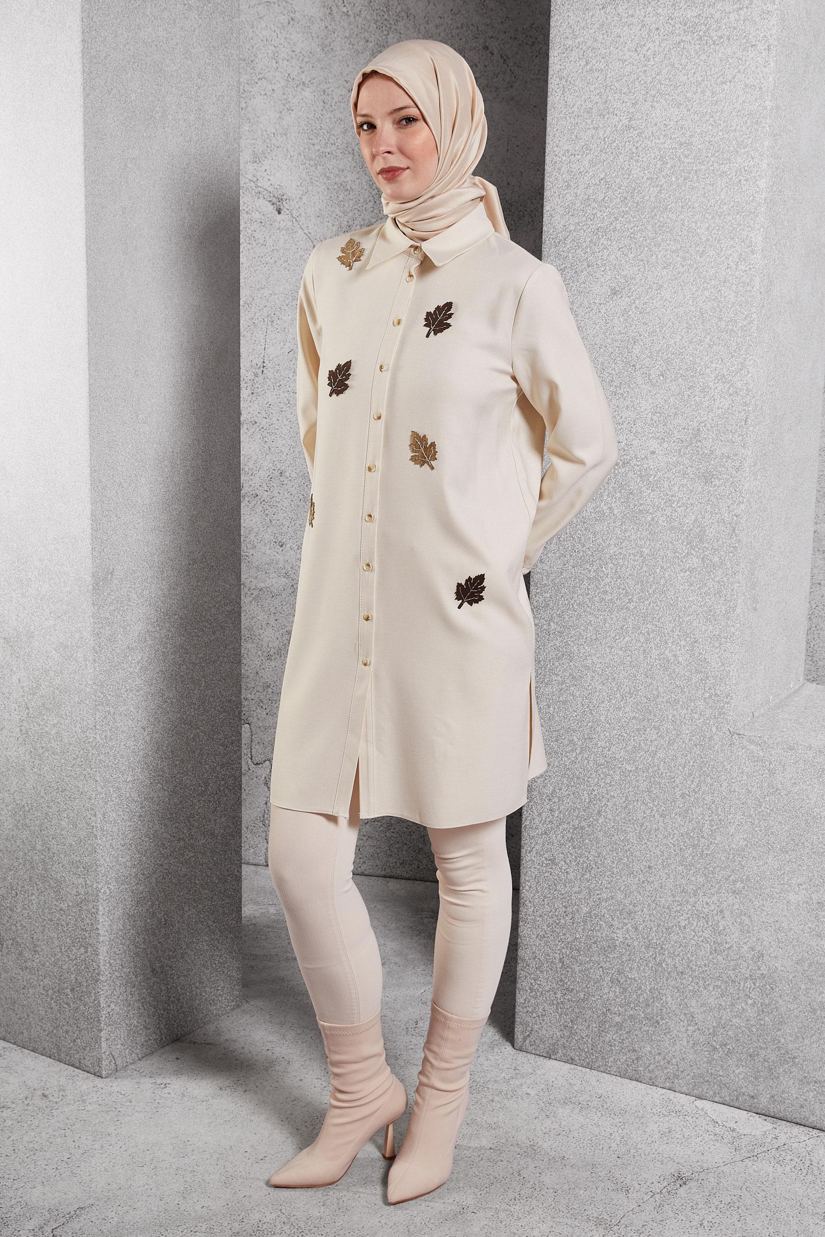 Tesettür giyim EKRU YAPRAK DESENLİ TUNİK 45149