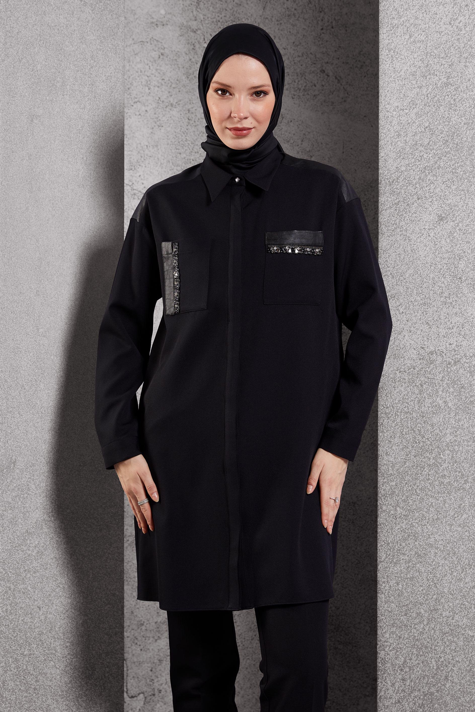 Tesettür giyim SİYAH GÖMLEK YAKA TESETTÜR TUNİK 45154