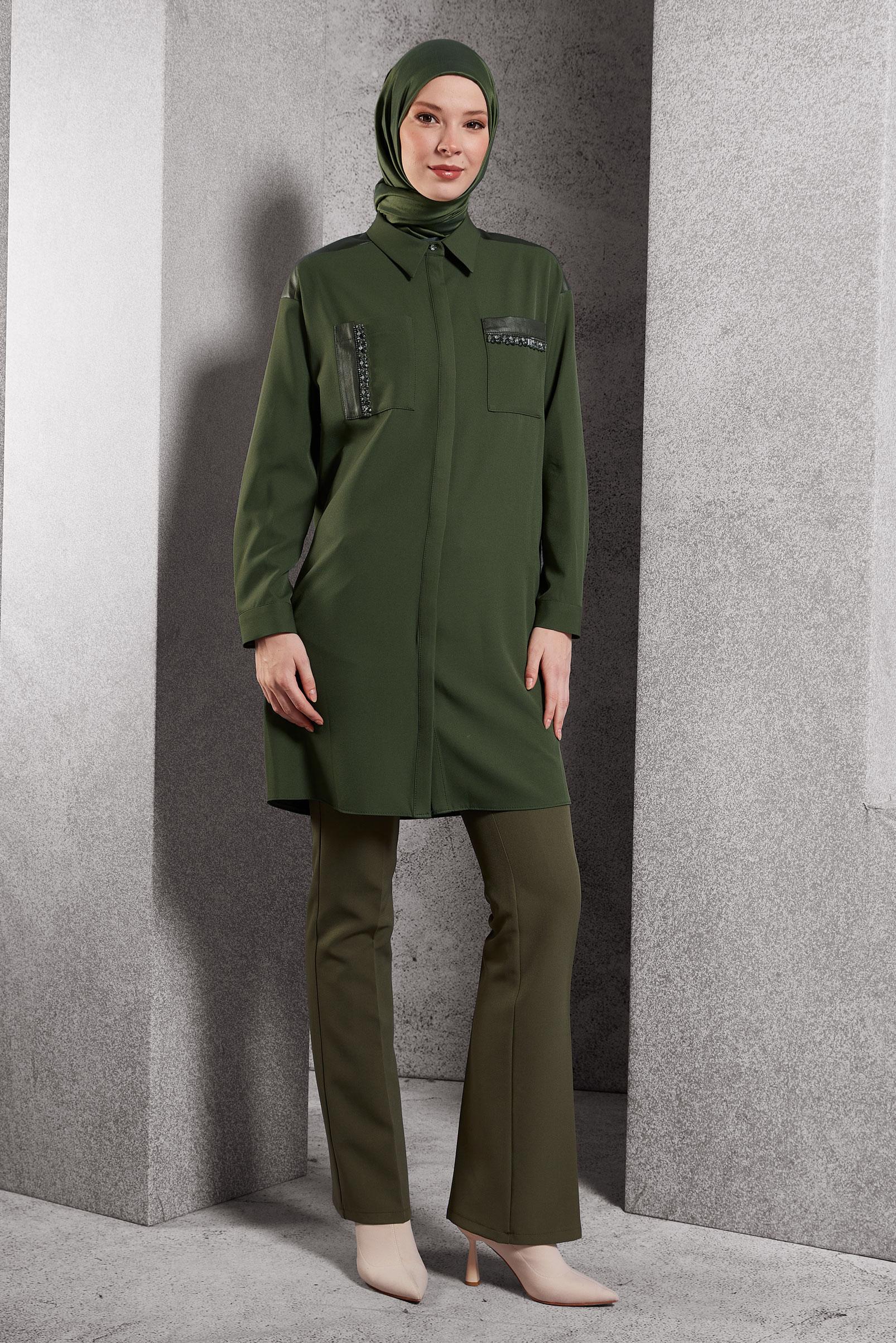 Tesettür giyim HAKİ GÖMLEK YAKA TESETTÜR TUNİK 45154