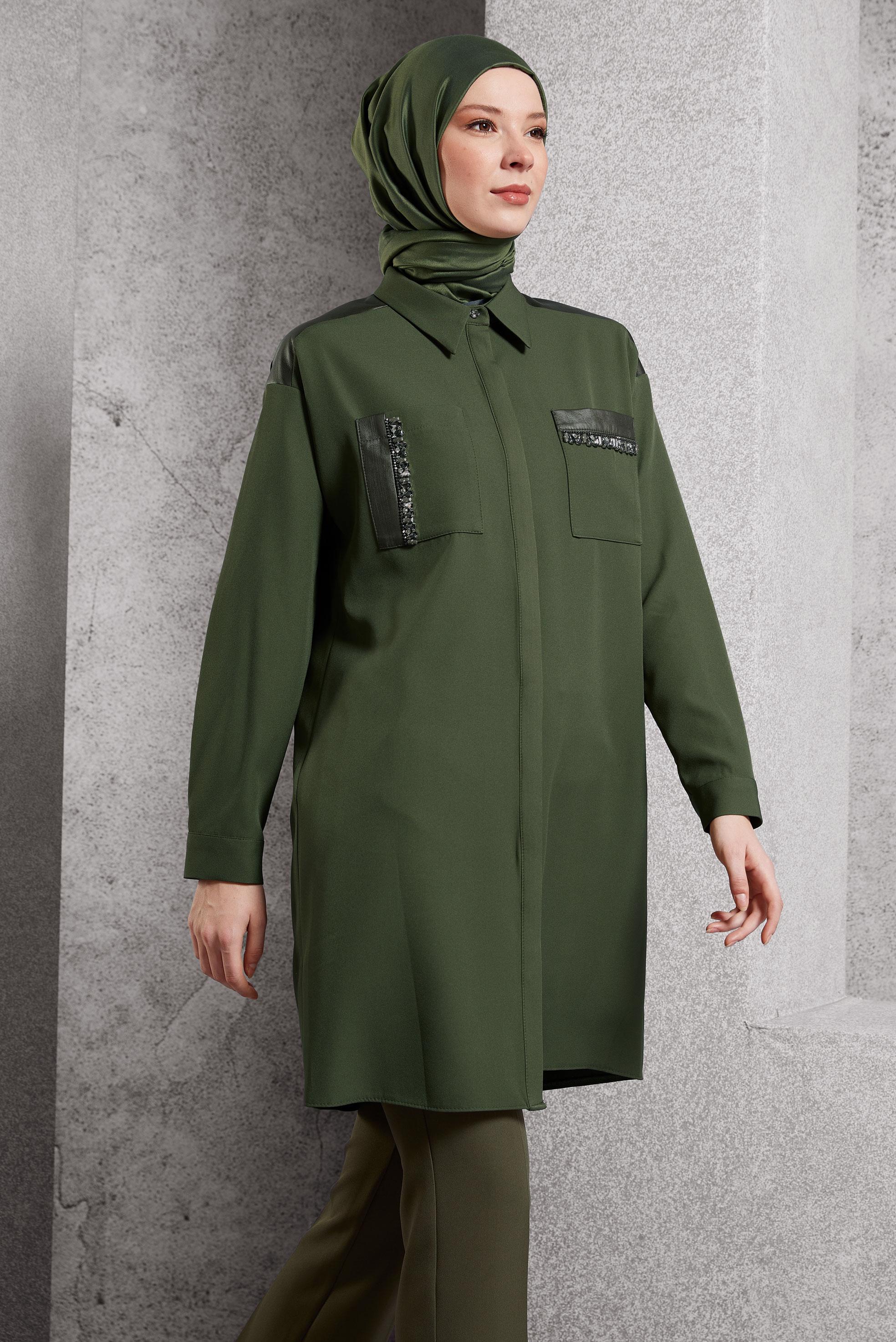 Tesettür giyim HAKİ GÖMLEK YAKA TESETTÜR TUNİK 45154