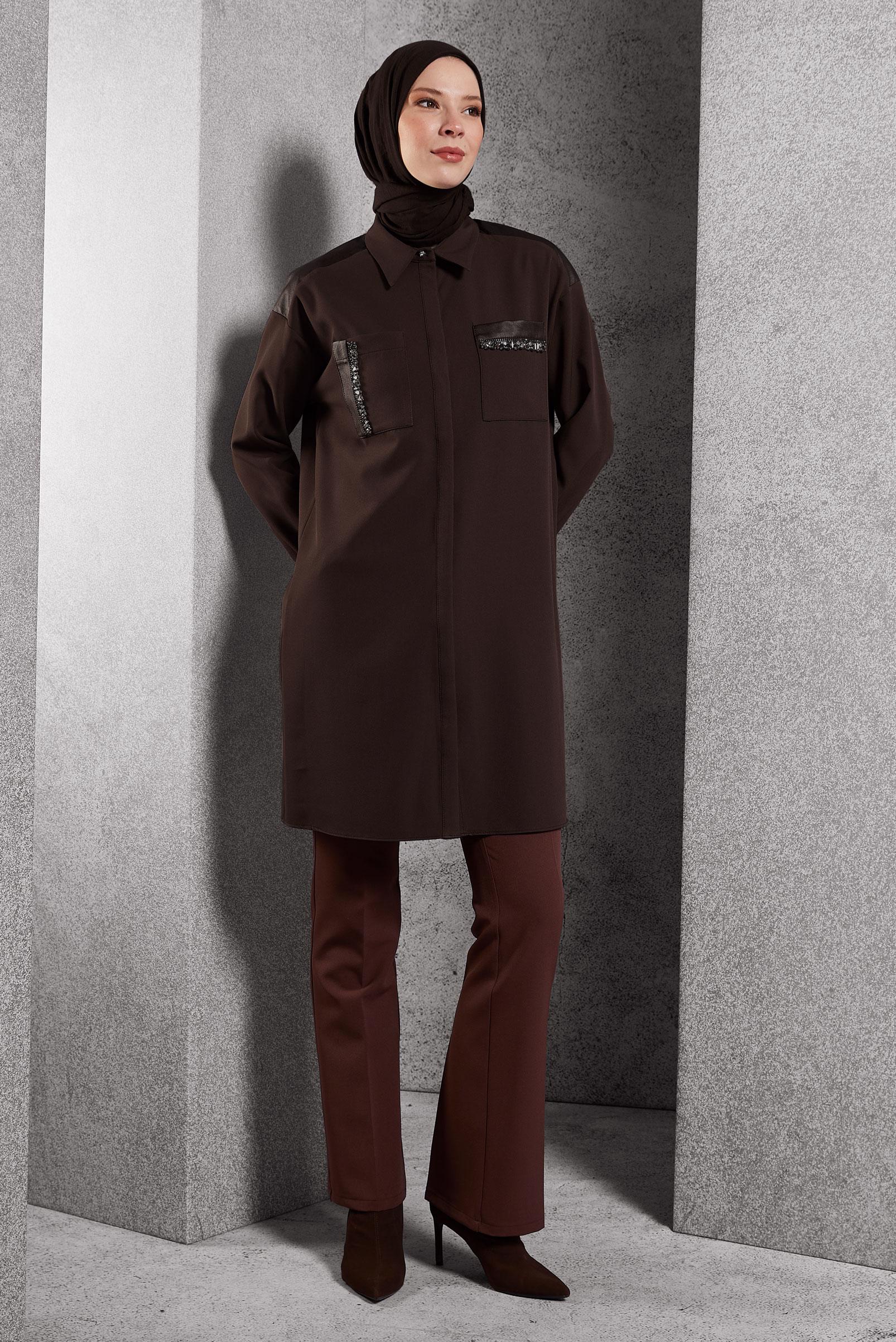 Tesettür giyim KAHVE GÖMLEK YAKA TESETTÜR TUNİK 45154