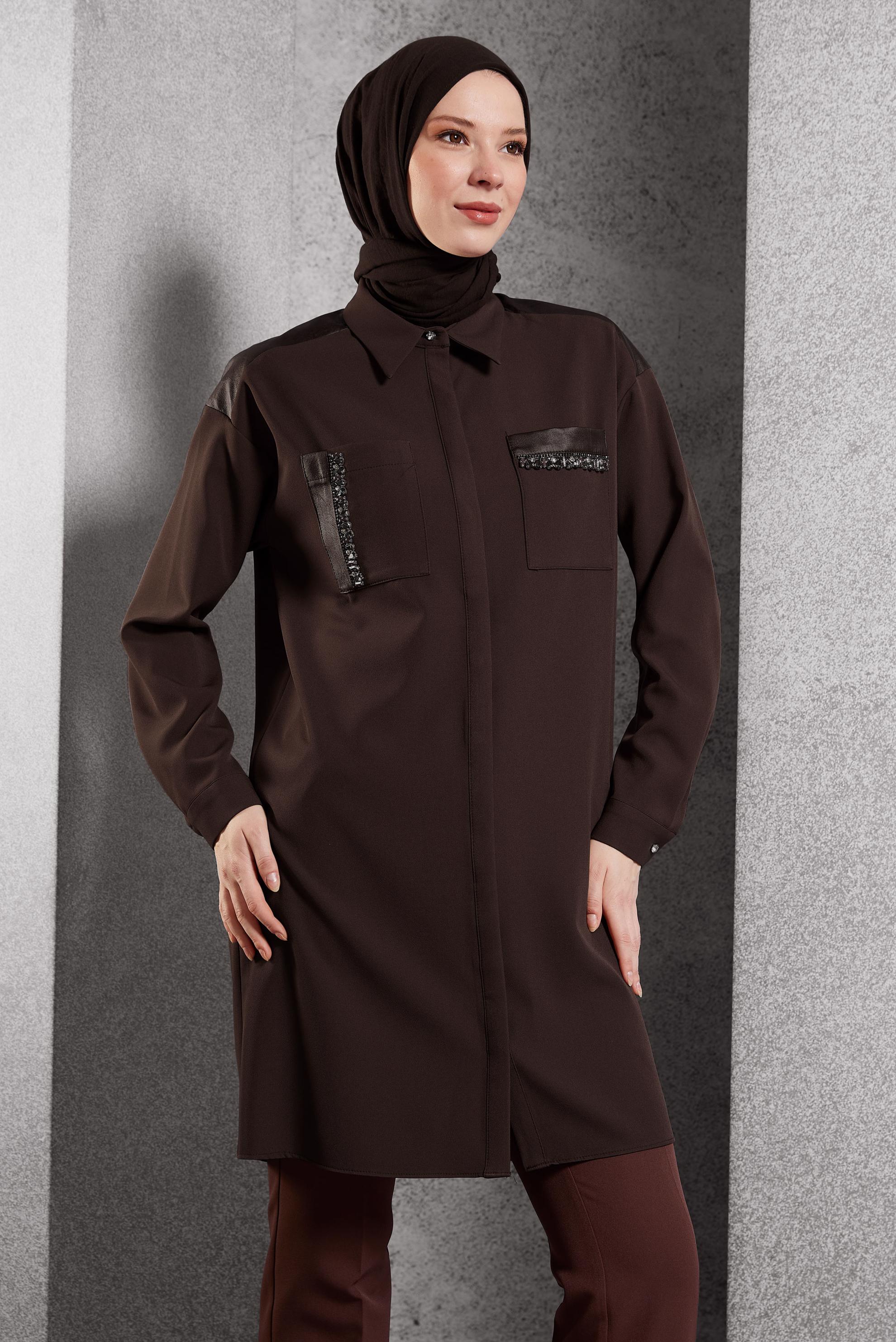 Tesettür giyim KAHVE GÖMLEK YAKA TESETTÜR TUNİK 45154