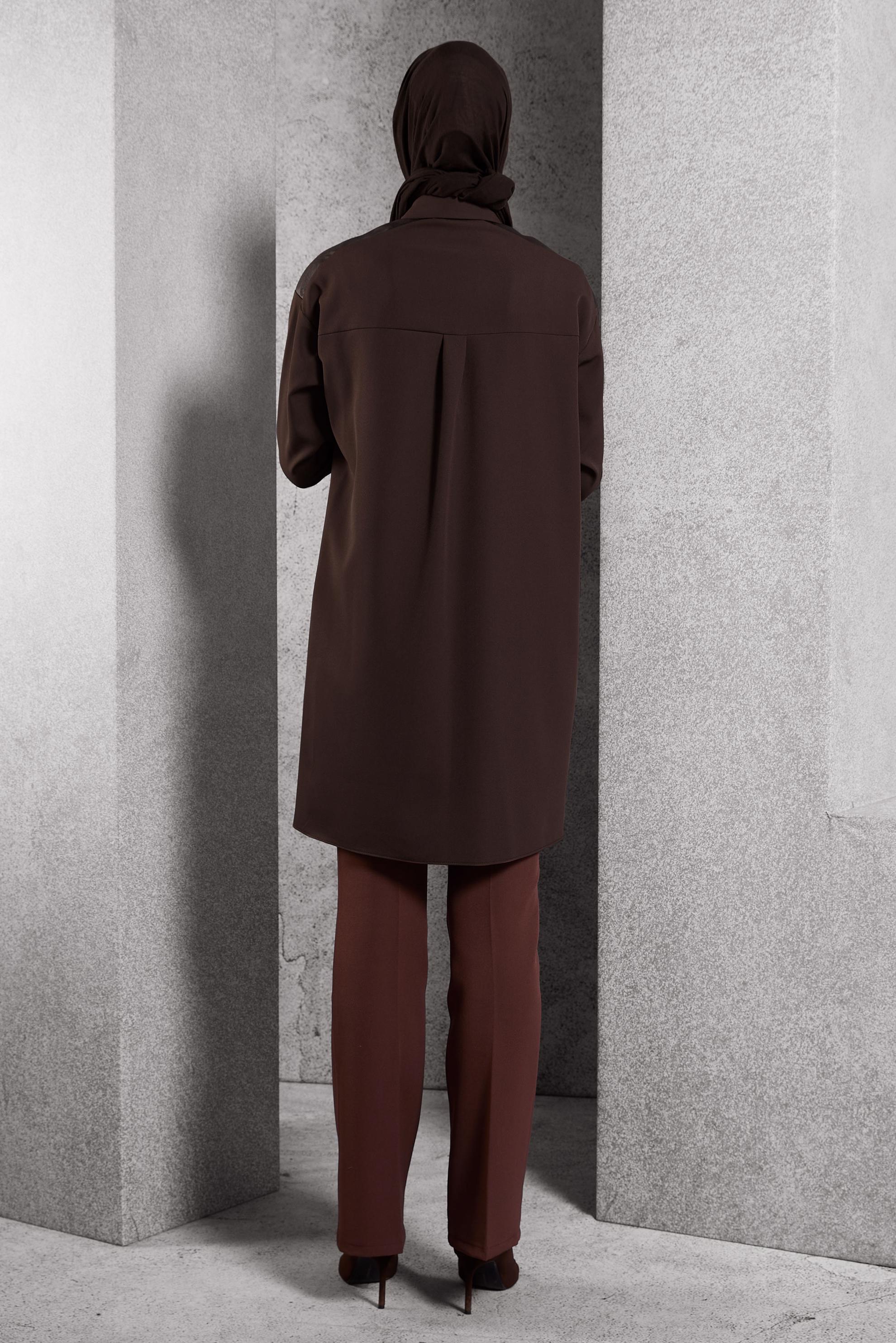 Tesettür giyim KAHVE GÖMLEK YAKA TESETTÜR TUNİK 45154