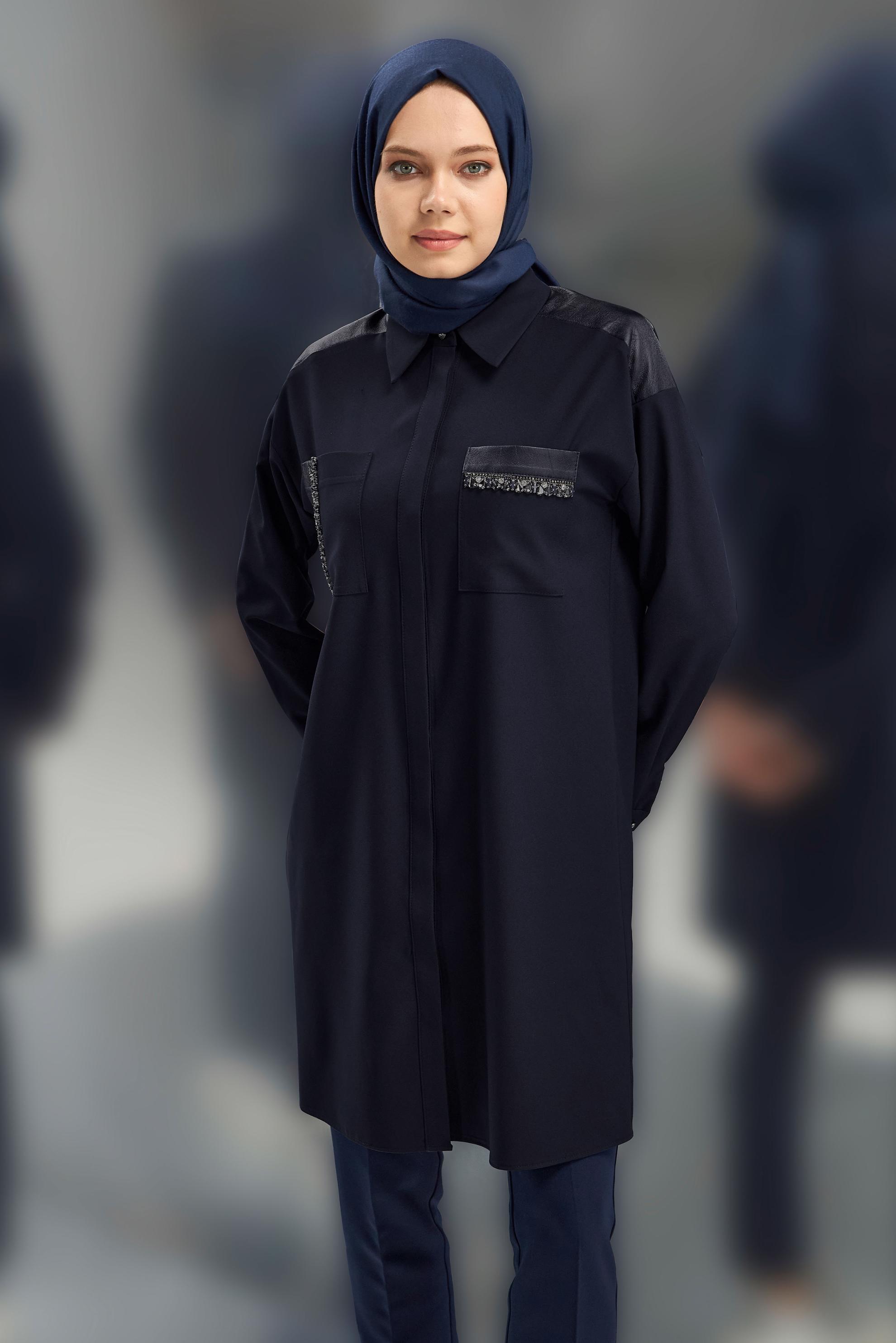 Hijab clothing NAVY BLUE SHIRT COLLAR MODEST TUNIC 45154