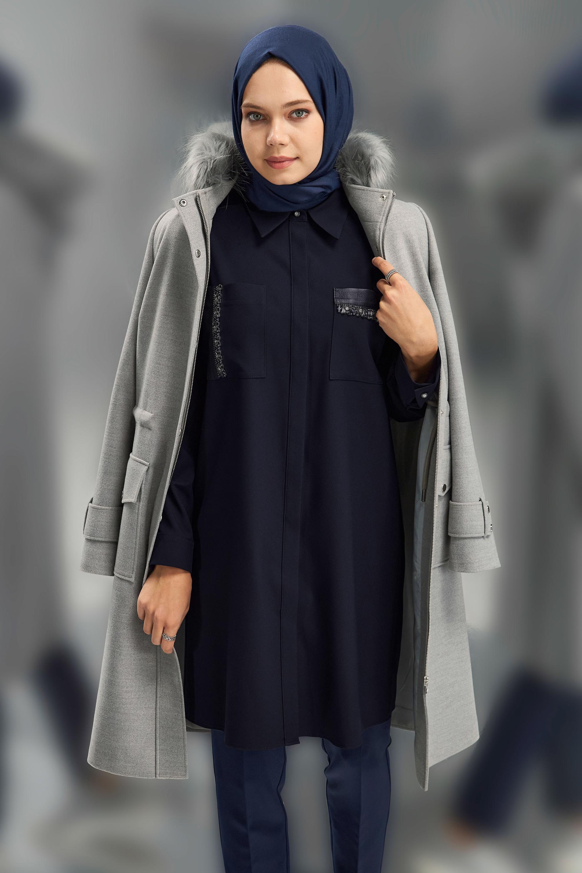 Hijab clothing NAVY BLUE SHIRT COLLAR MODEST TUNIC 45154