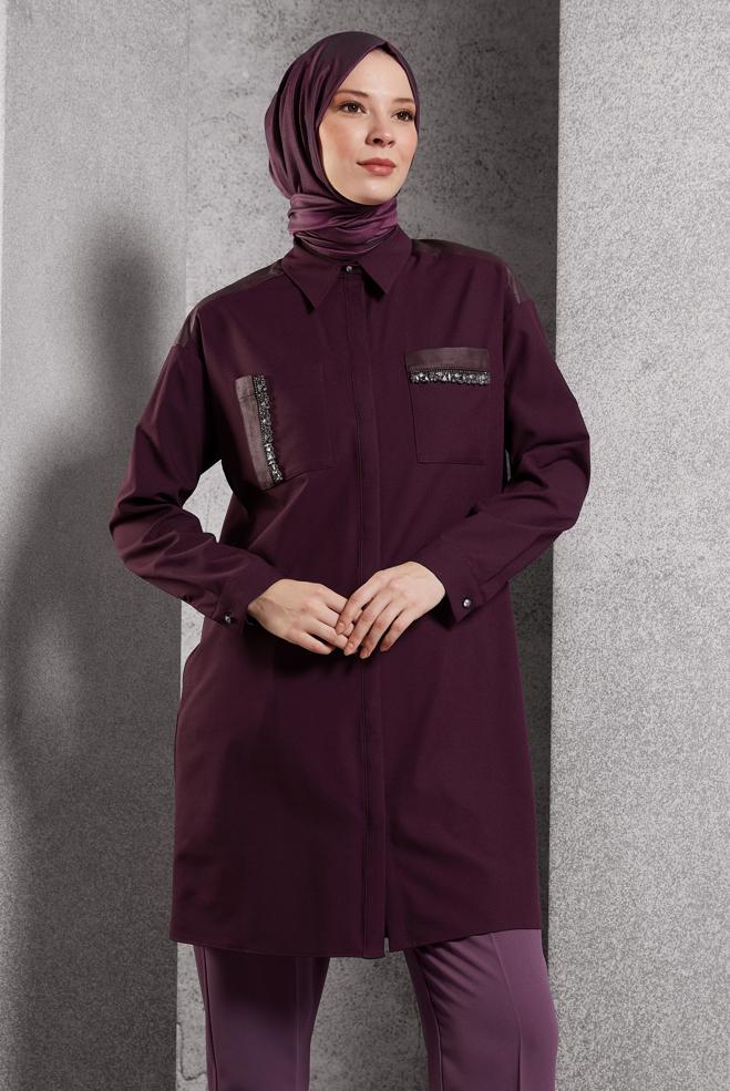 Vêtements hijab  TUNIQUE MODESTE À COL CHEMISE 45154 - ALVİNA