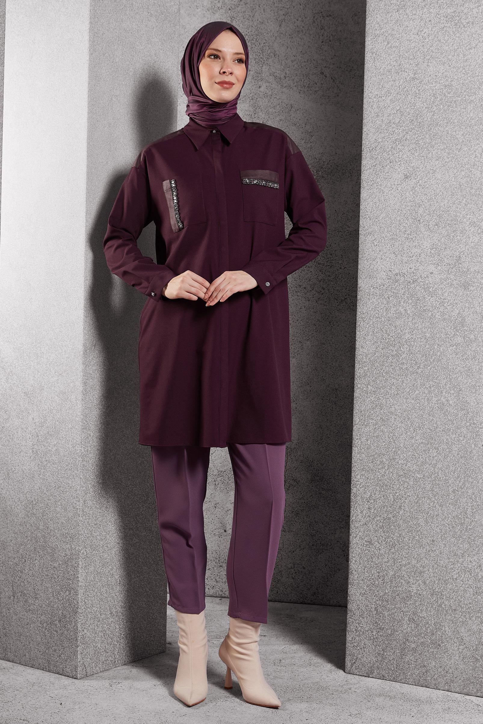 Vêtements hijab PRUNE TUNIQUE MODESTE À COL CHEMISE 45154