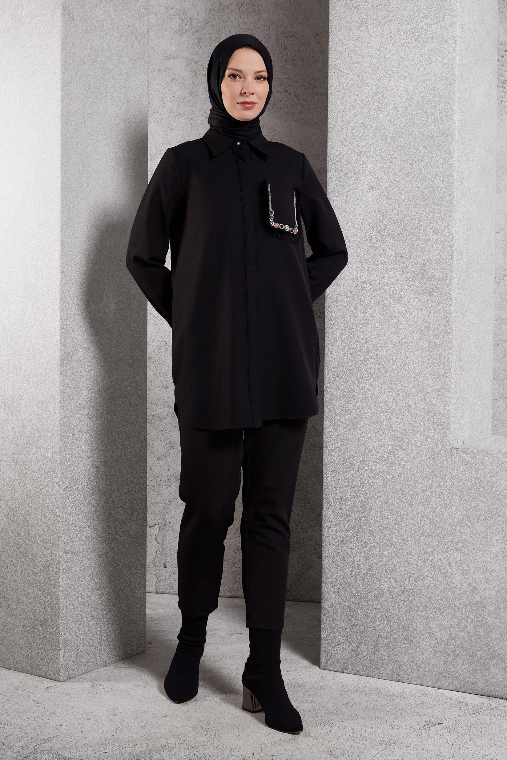 Tesettür giyim SİYAH CEP DETAYLI TUNİK 45155