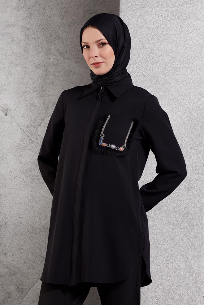Hijab clothing BLACK TUNIC WITH POCKET DETAIL 45155 - ALVİNA
