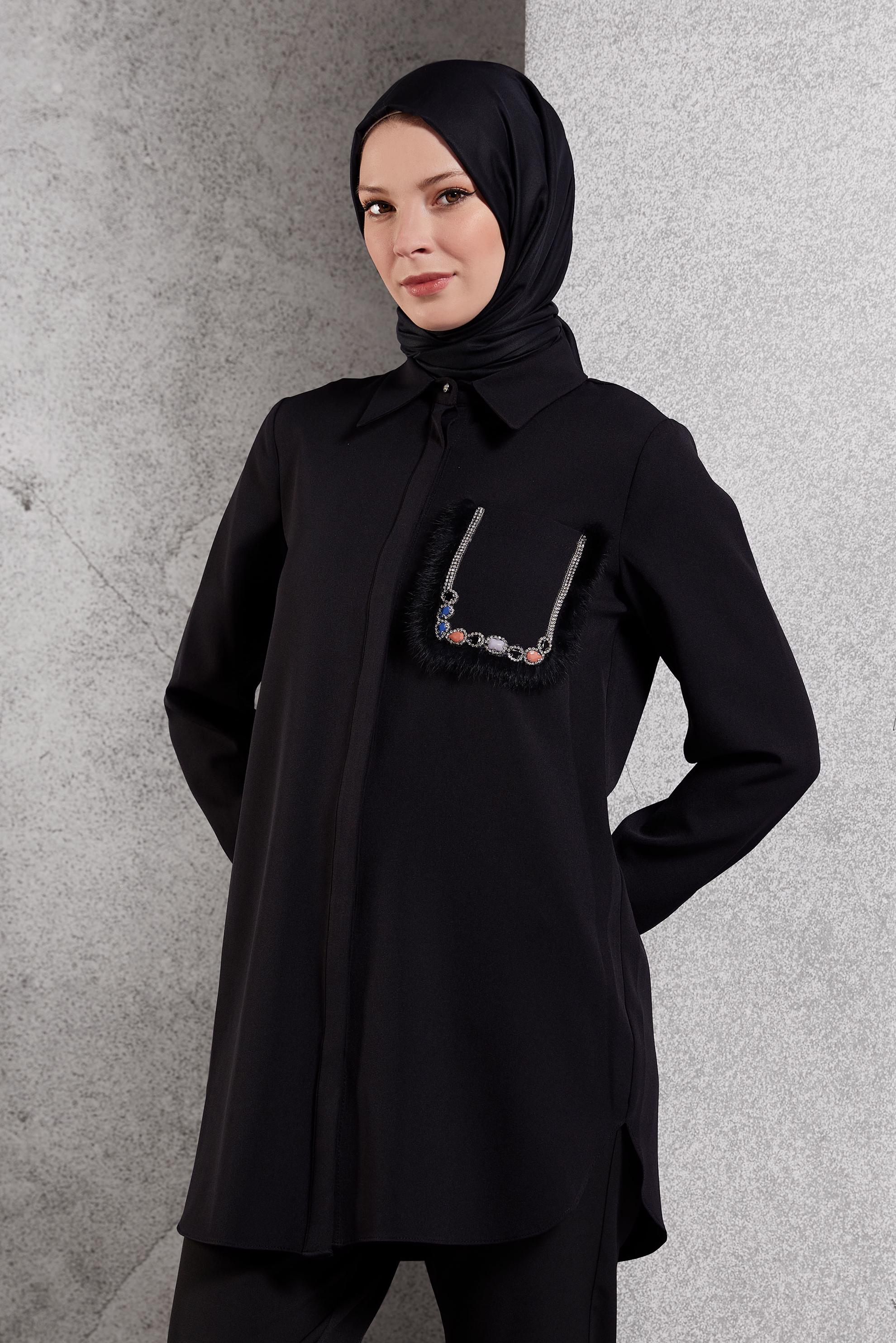 Tesettür giyim SİYAH CEP DETAYLI TUNİK 45155