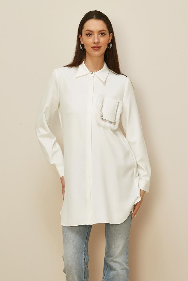 Vêtements hijab BLANC TUNIQUE AVEC DÉTAIL DE POCHE 45155 - ALVİNA
