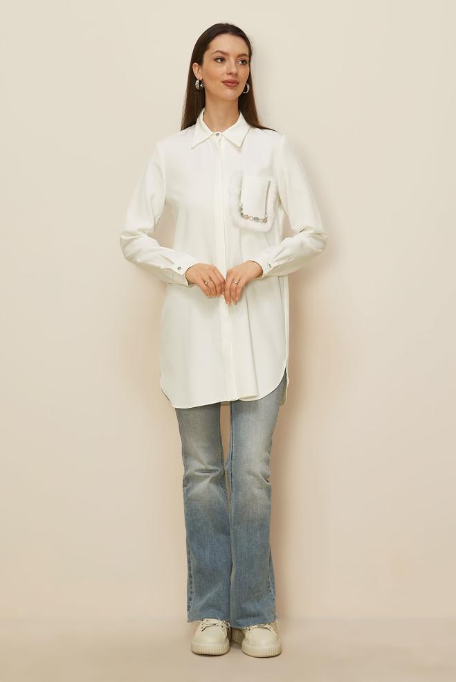 Vêtements hijab BLANC TUNIQUE AVEC DÉTAIL DE POCHE 45155 - ALVİNA