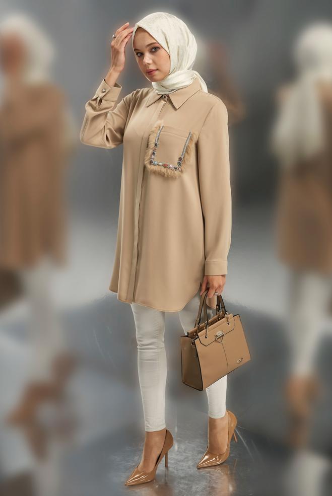 Tesettür giyim BEJ CEP DETAYLI TUNİK 45155 - ALVİNA