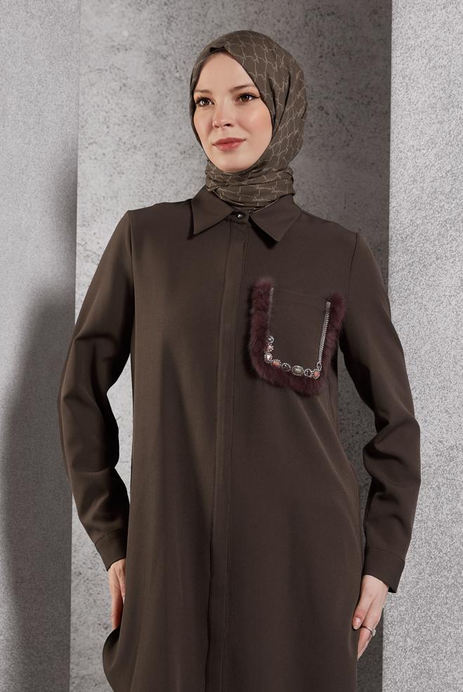 Vêtements hijab BRUN TUNIQUE AVEC DÉTAIL DE POCHE 45155 - ALVİNA