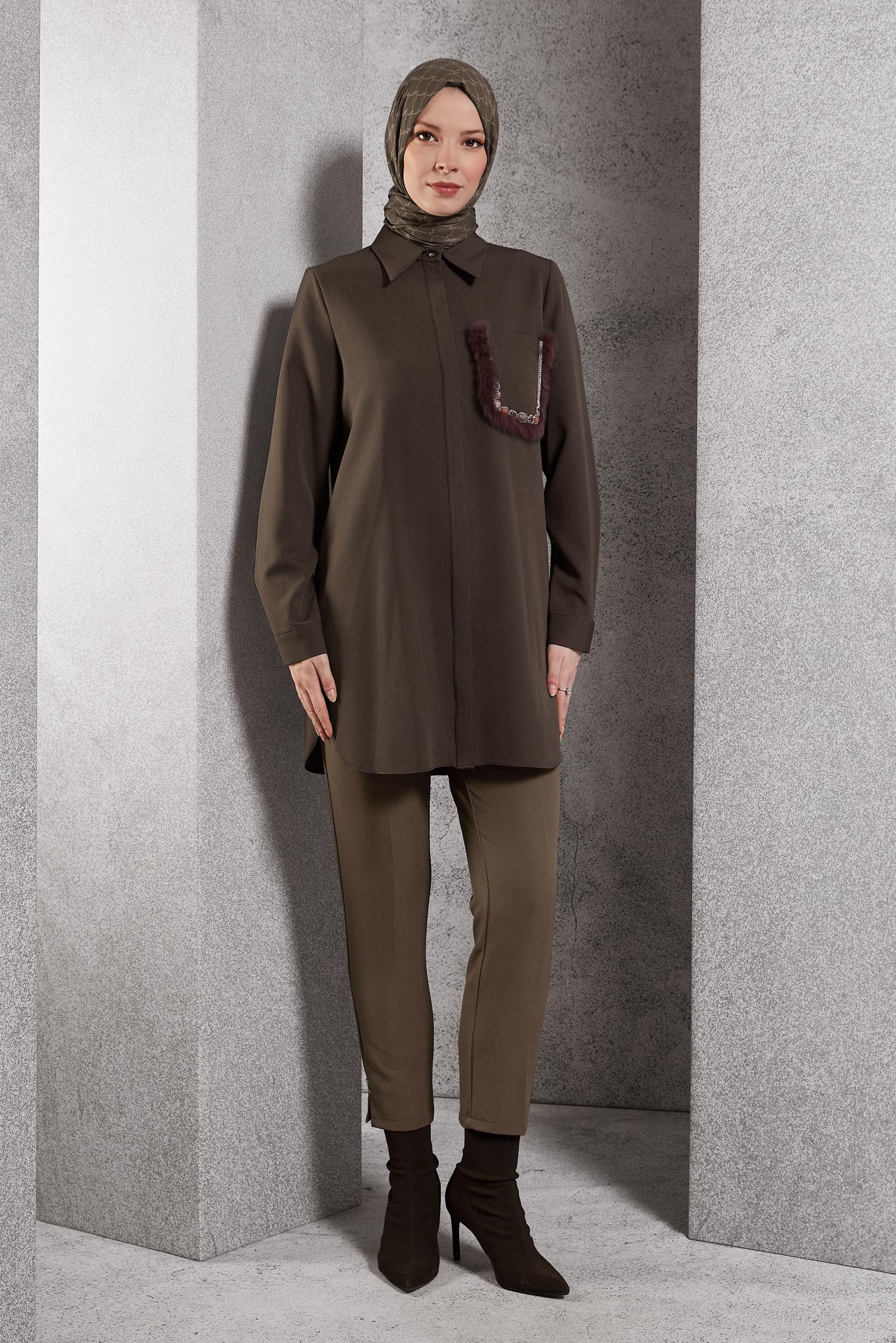 Tesettür giyim KAHVE CEP DETAYLI TUNİK 45155