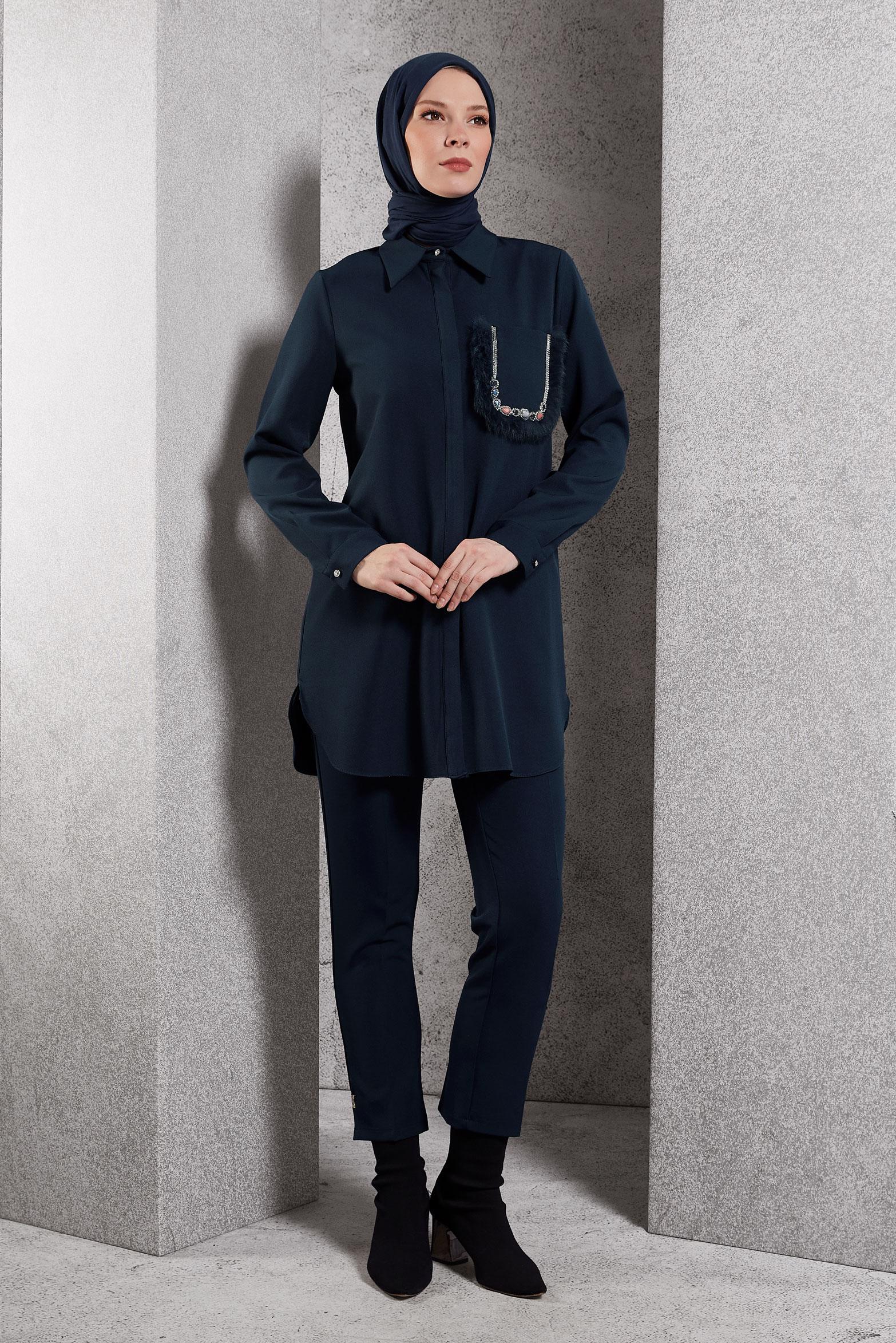 Tesettür giyim LACİVERT CEP DETAYLI TUNİK 45155