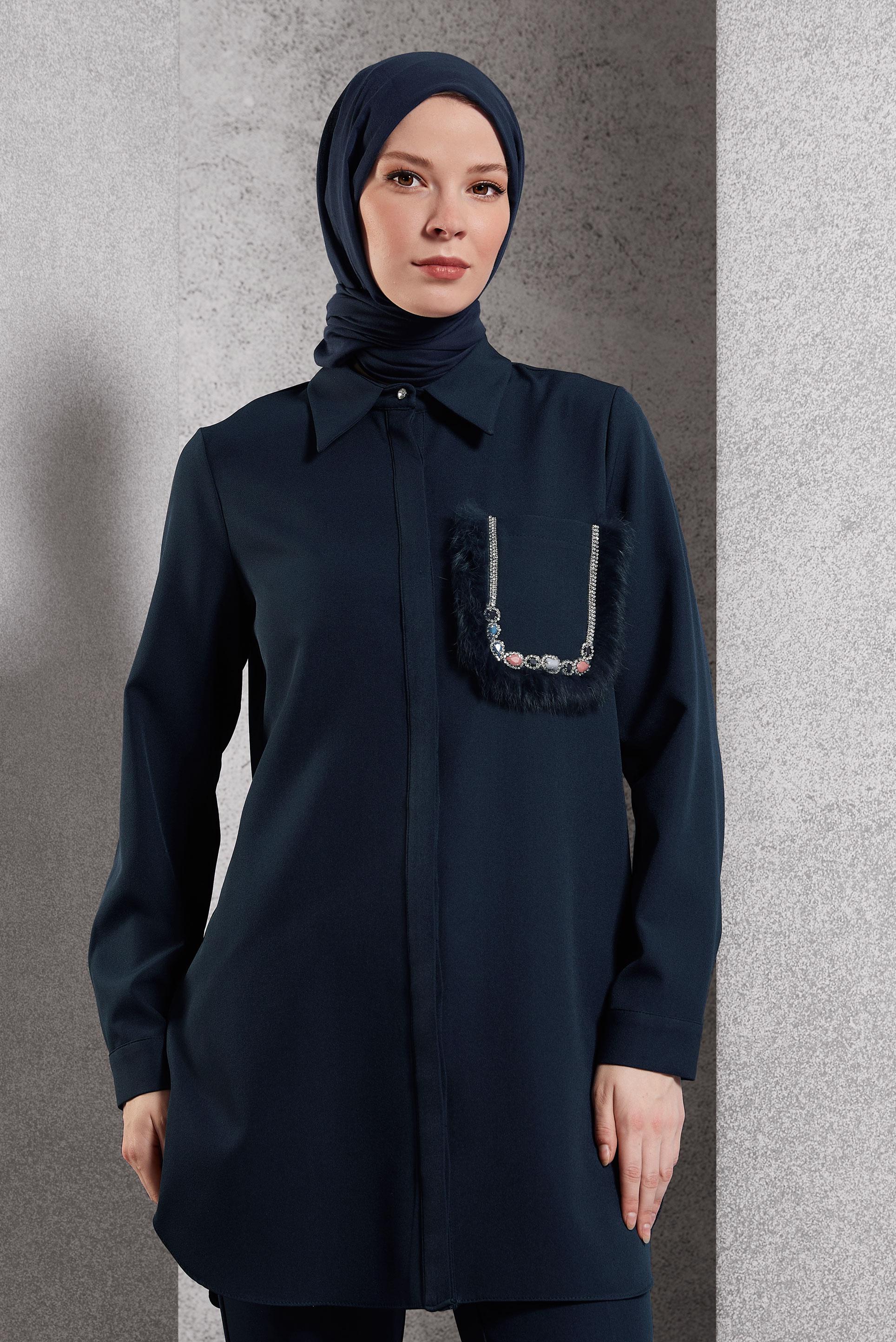 Tesettür giyim LACİVERT CEP DETAYLI TUNİK 45155