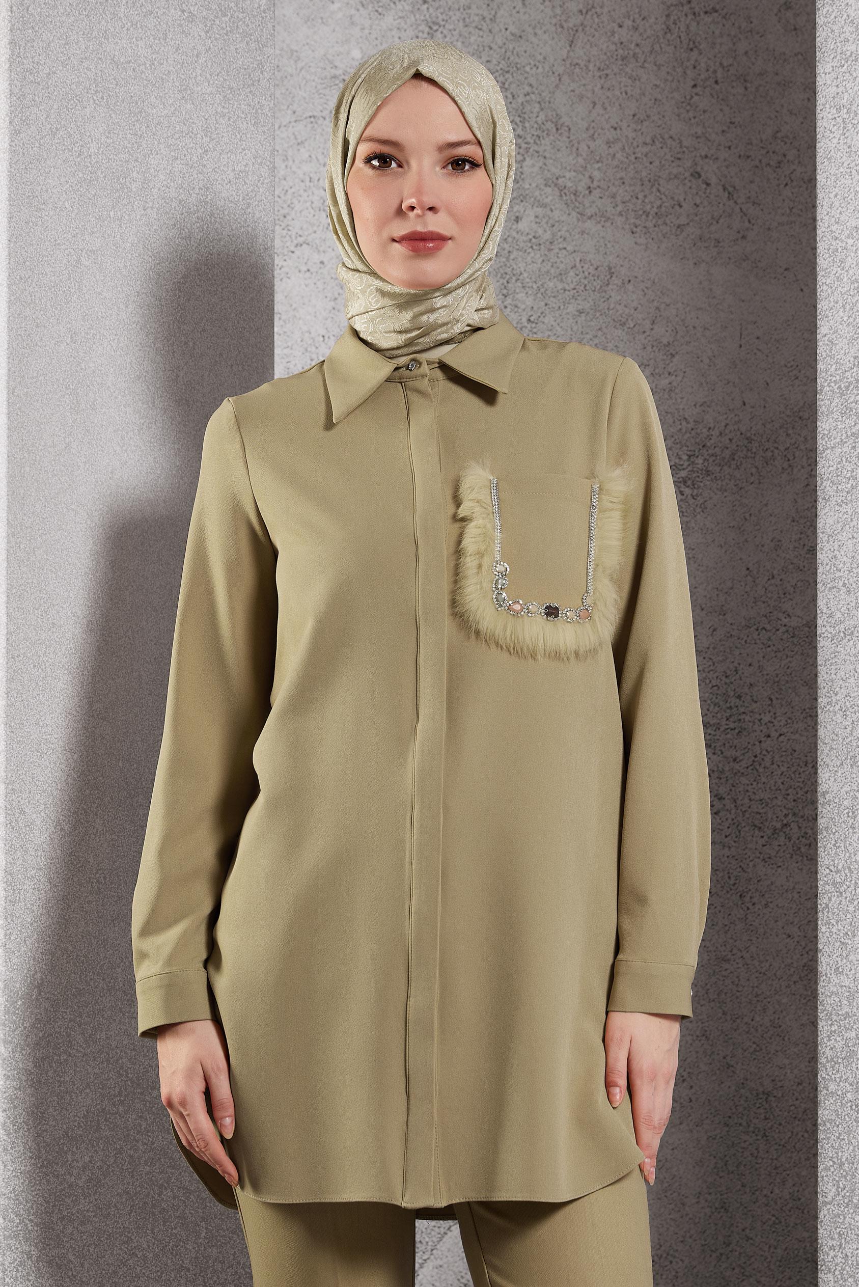 Tesettür giyim KUM CEP DETAYLI TUNİK 45155