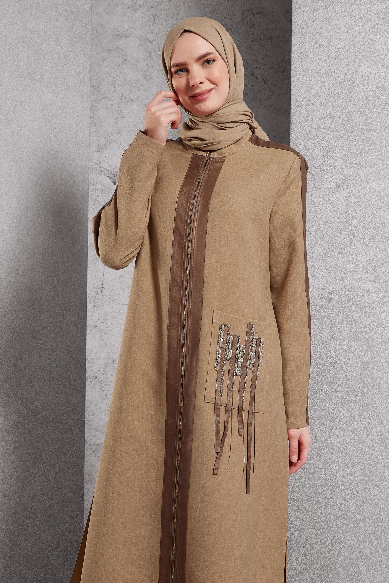 Tesettür giyim BEJ FERMUARLI TUNİK 45156