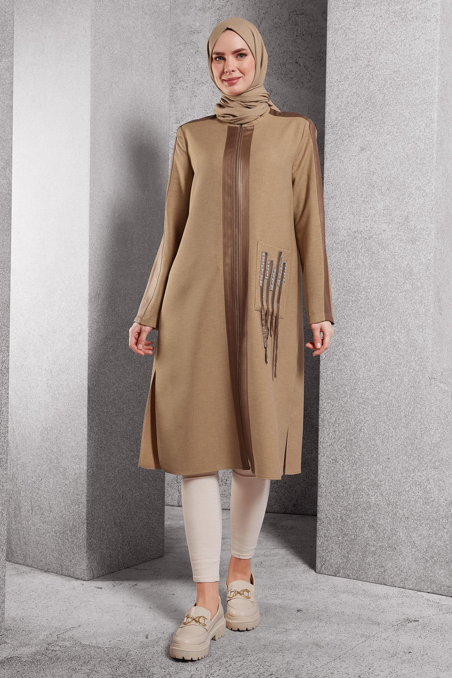 Tesettür giyim BEJ FERMUARLI TUNİK 45156