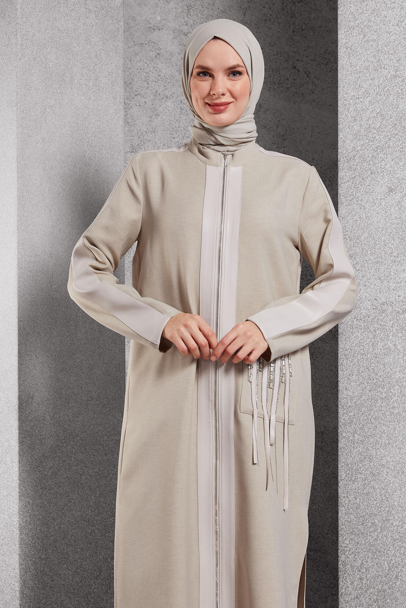 Tesettür giyim BEJ FERMUARLI TUNİK 45156